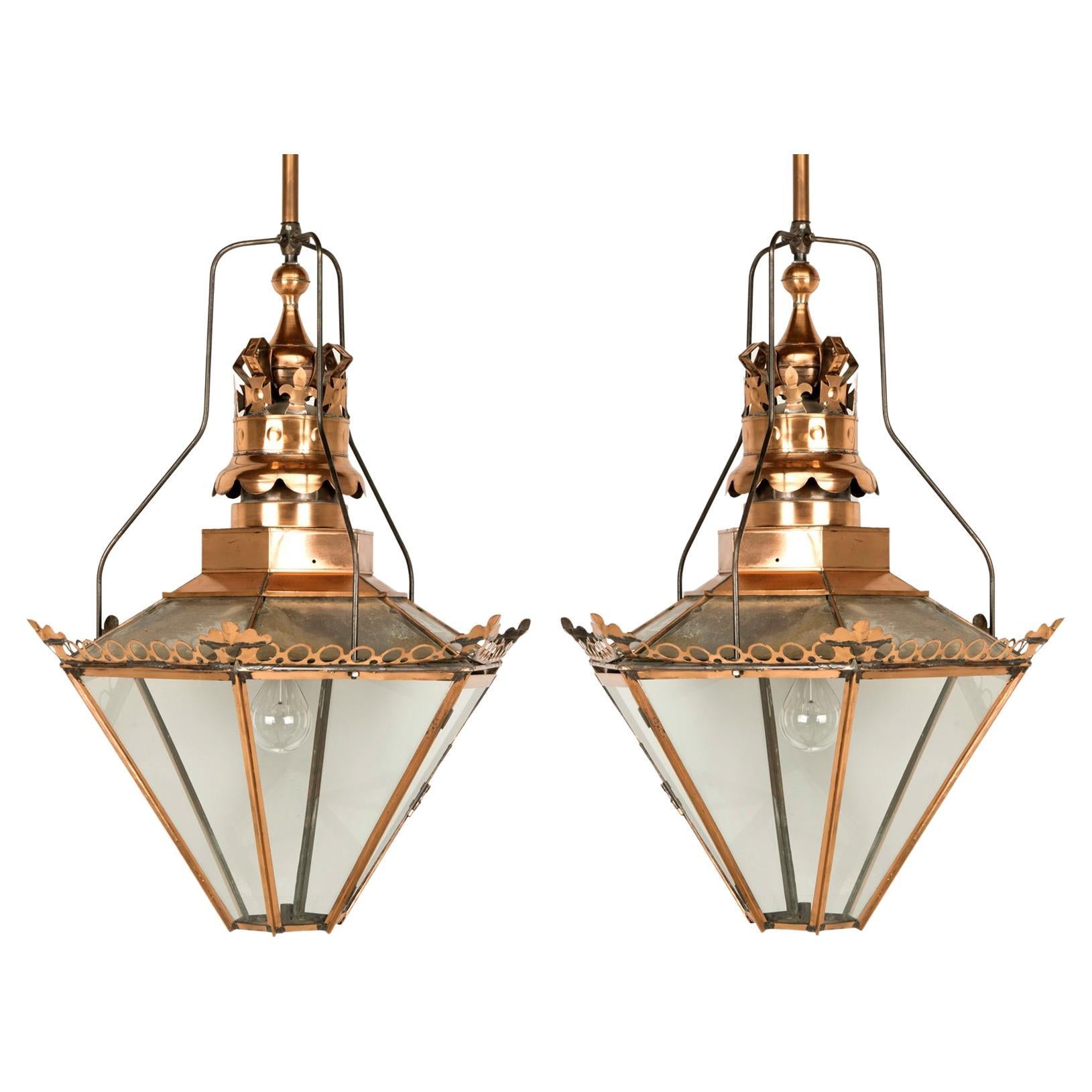 Original Antique French Copper Lantern on HandWrought Iron Bracket