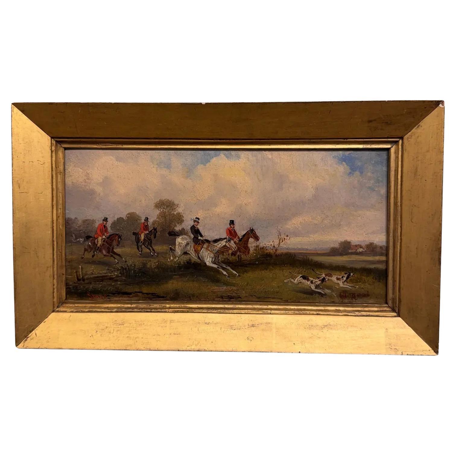 Antique English Hunt Scene Oil on Board