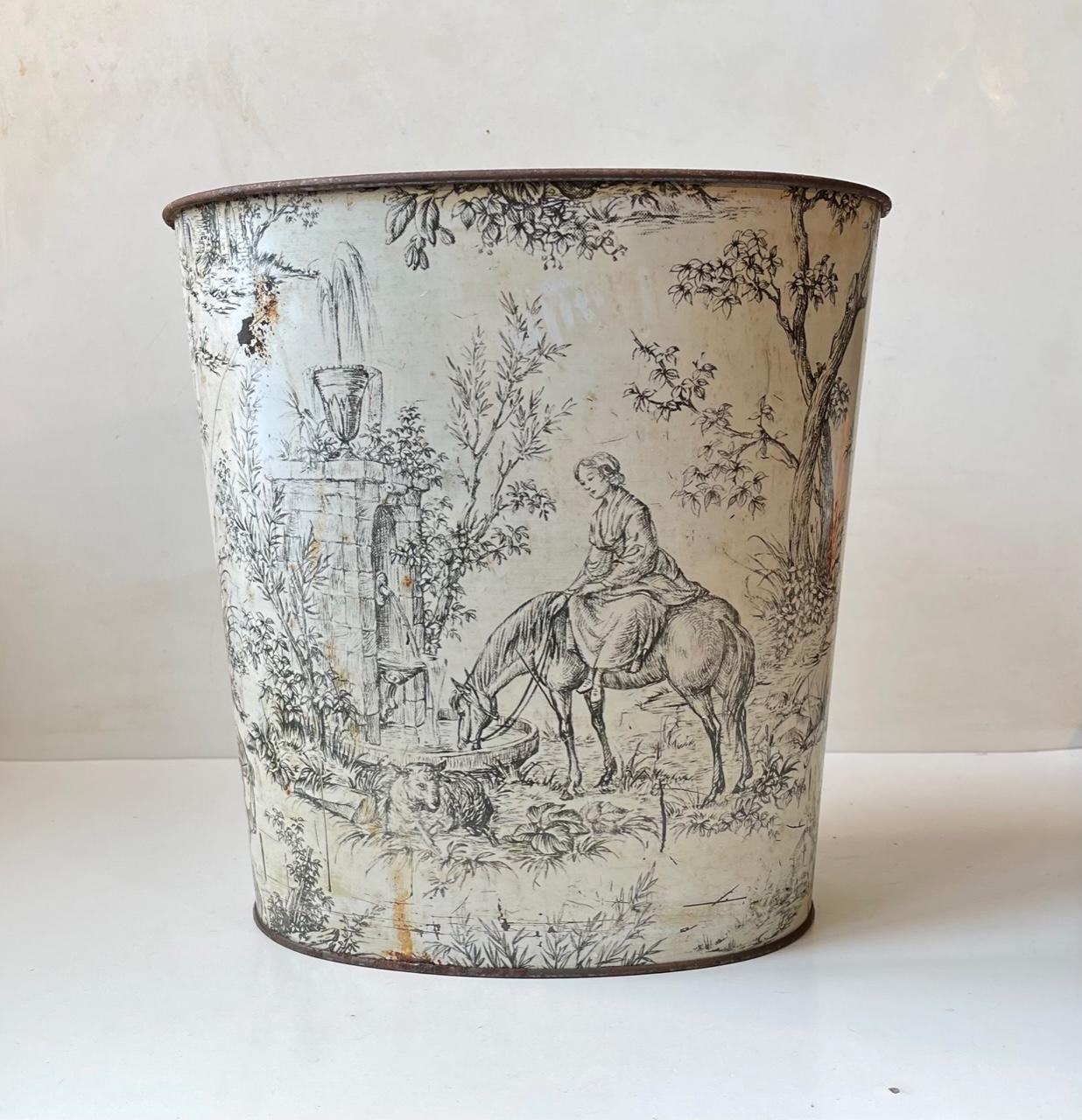 Romantic Antique English Idyllic Tin Plate Paper Waste Basket