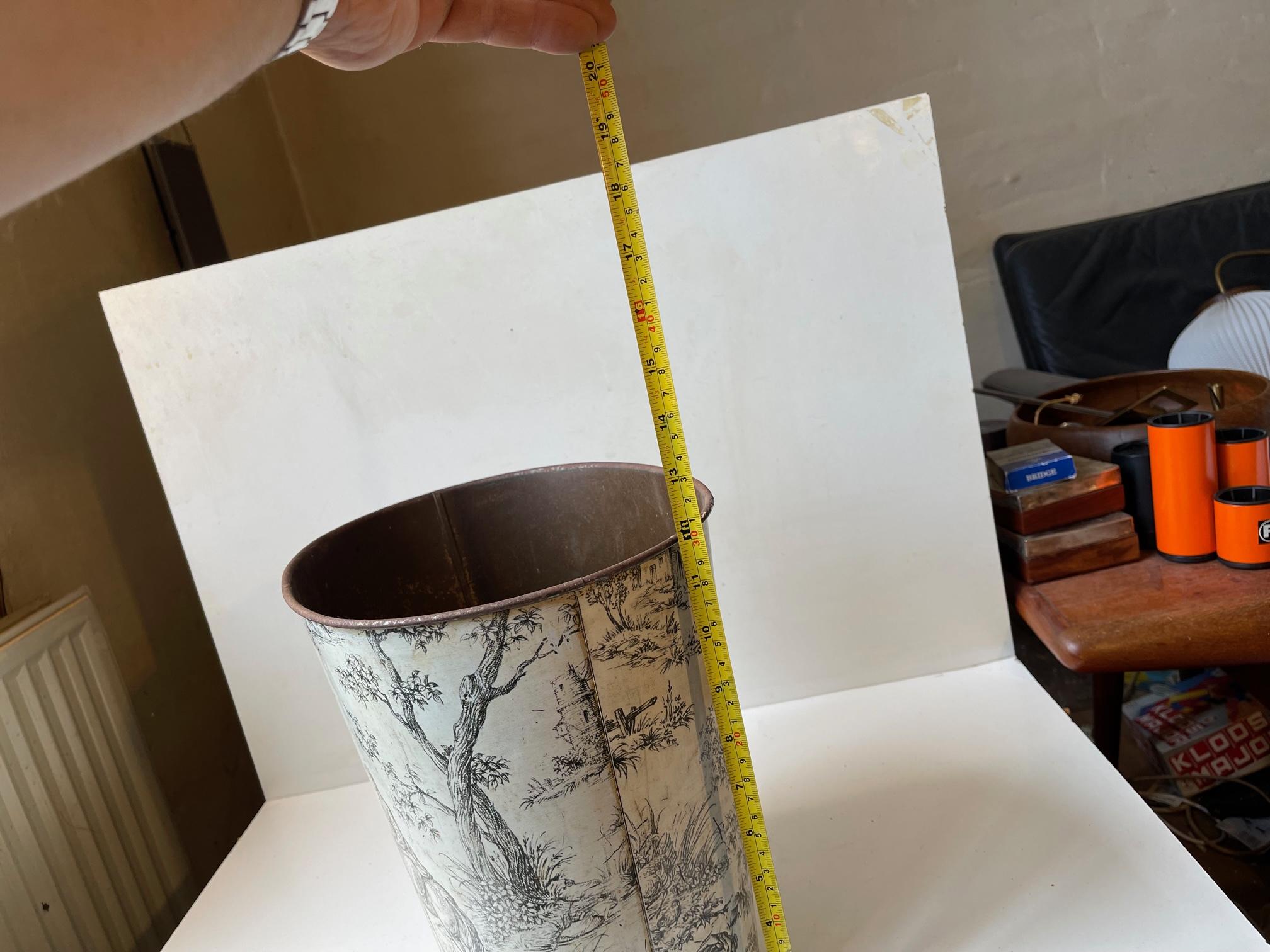 20th Century Antique English Idyllic Tin Plate Paper Waste Basket