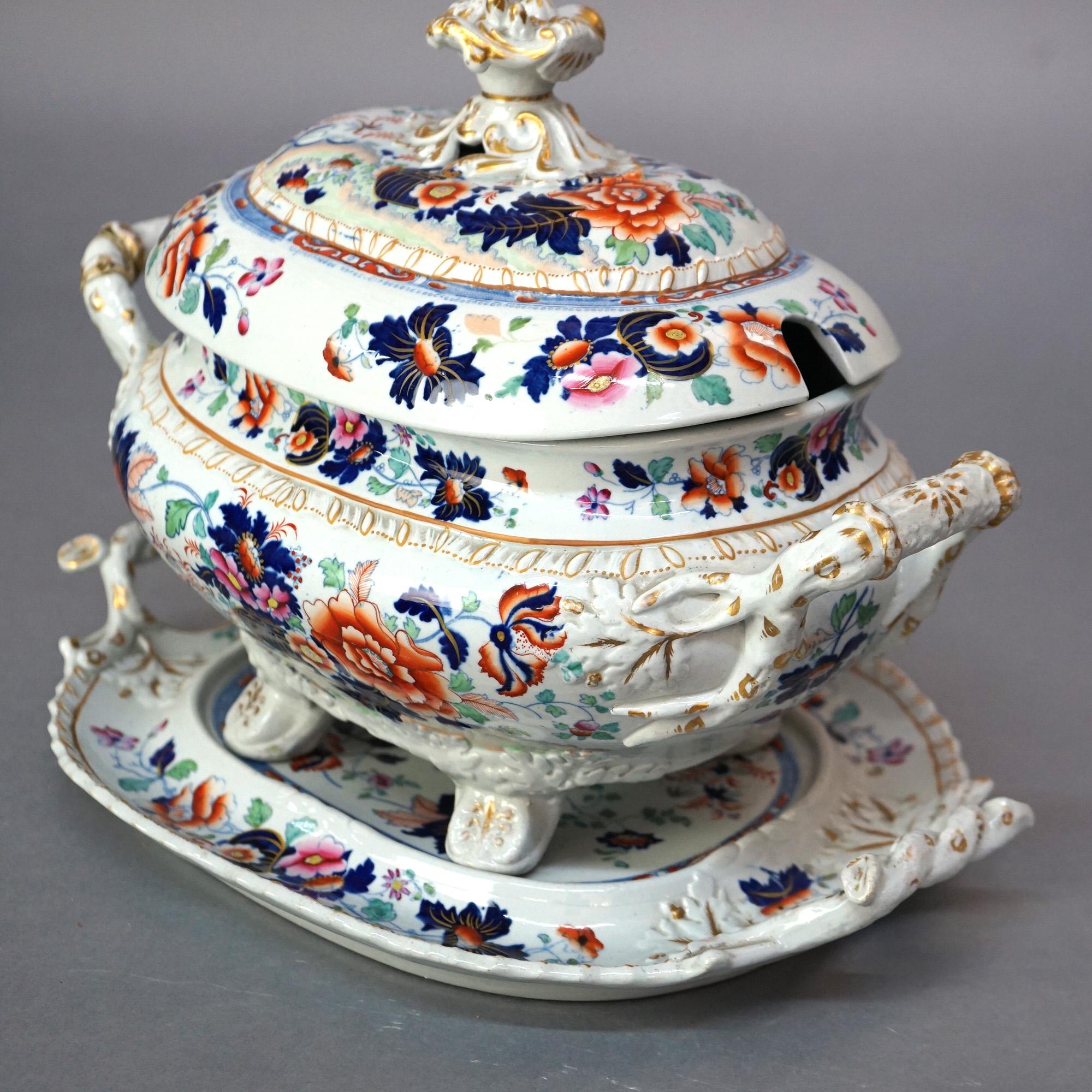 Antique English Imari Hand Painted Floral & Gilt Porcelain Double Handled Lidded and Footed Tureen & Underplate C1900

Measures- 11.5''H x 15''W x 10''D