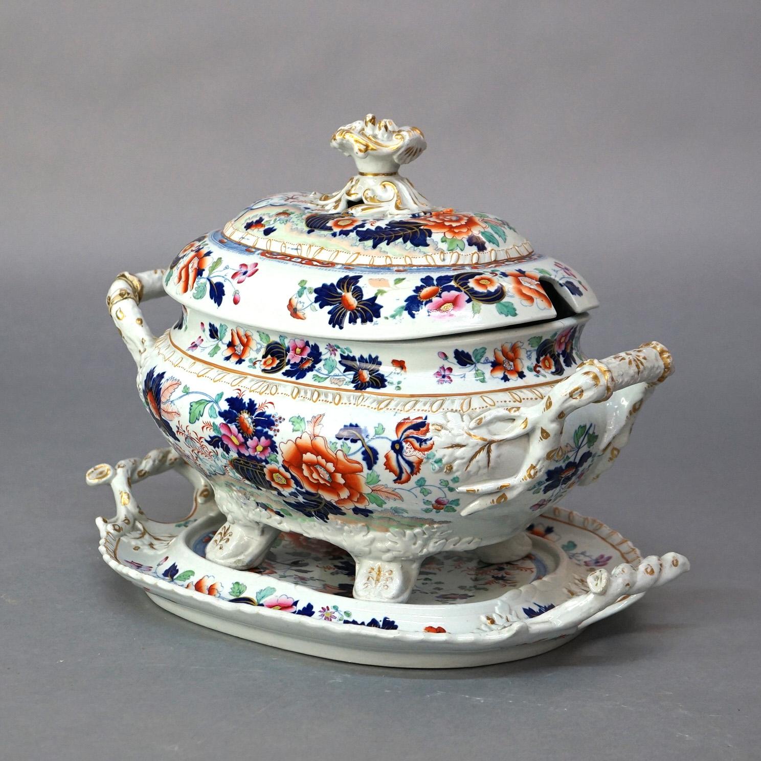 Antique English Imari Hand Painted & Gilt Porcelain Tureen & Underplate C1900 In Good Condition In Big Flats, NY