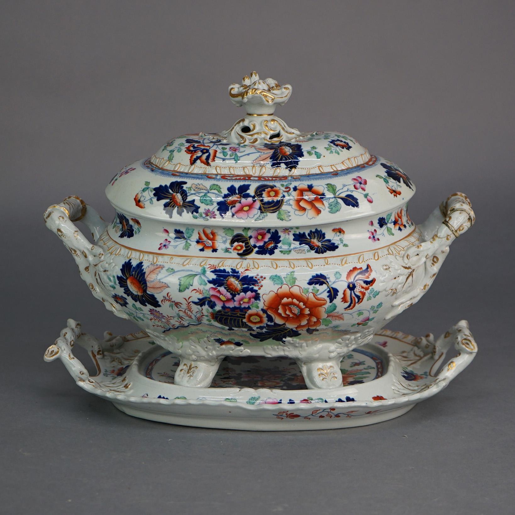 Antique English Imari Hand Painted & Gilt Porcelain Tureen & Underplate C1900 1
