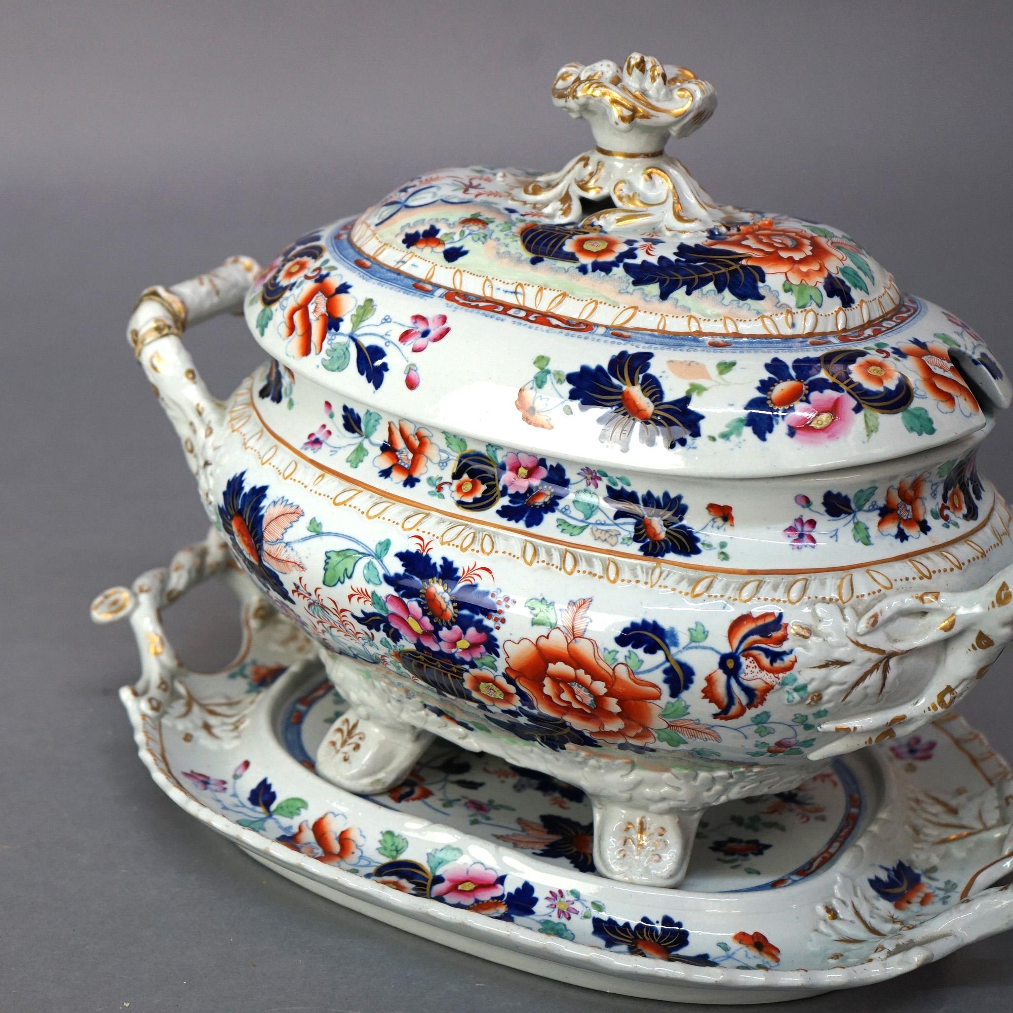 Antique English Imari Hand Painted & Gilt Porcelain Tureen & Underplate C1900 2