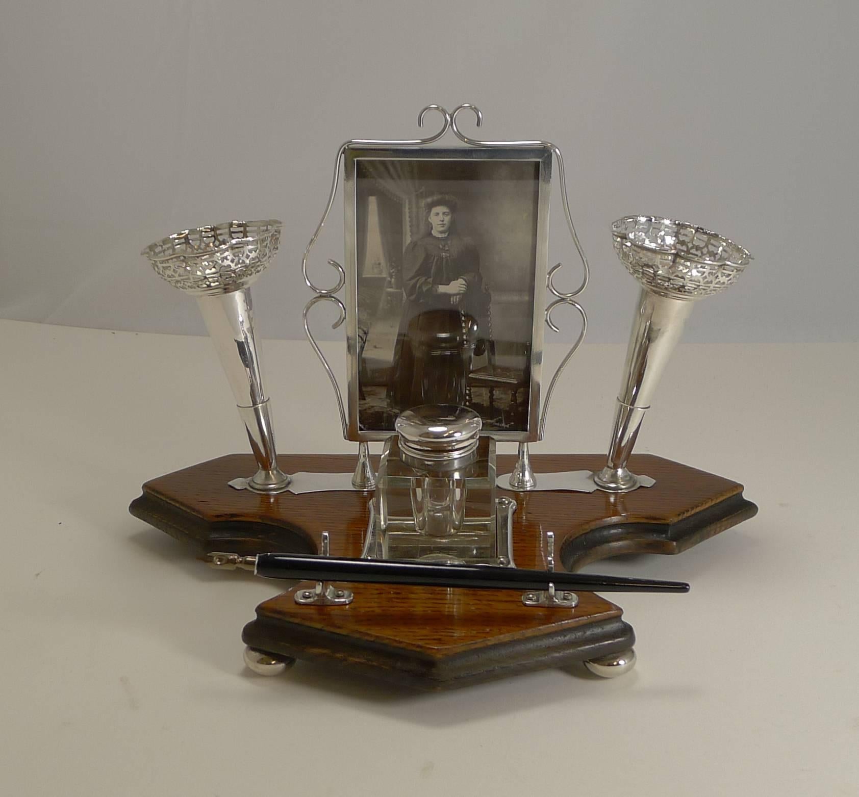 Antique English Inkwell with Photograph Frame and Posy Vases 1