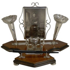 Antique English Inkwell with Photograph Frame and Posy Vases