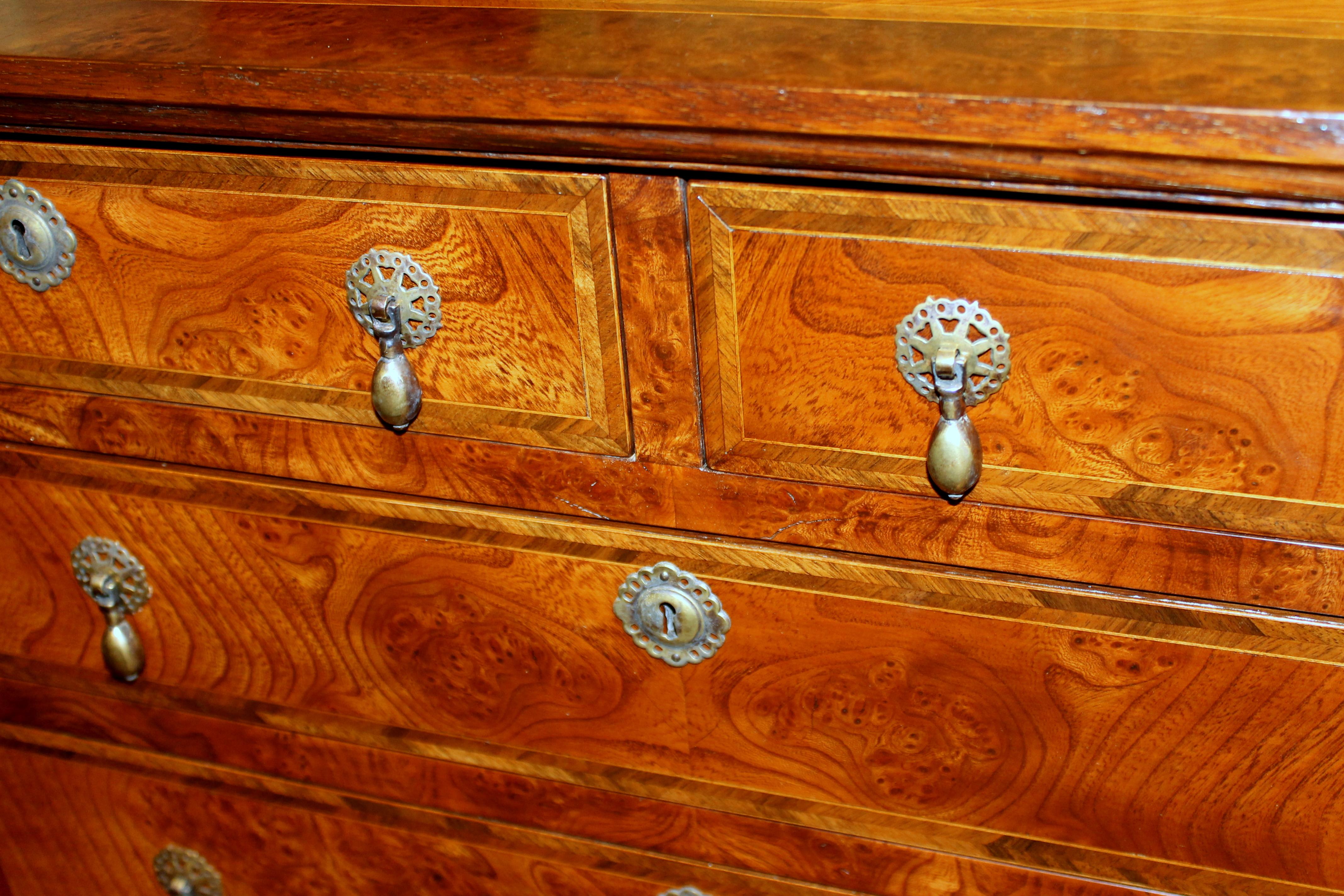 Antique English Inlaid Burr Elm Queen Anne Revival Bachelor's Chest In Good Condition In Charleston, SC