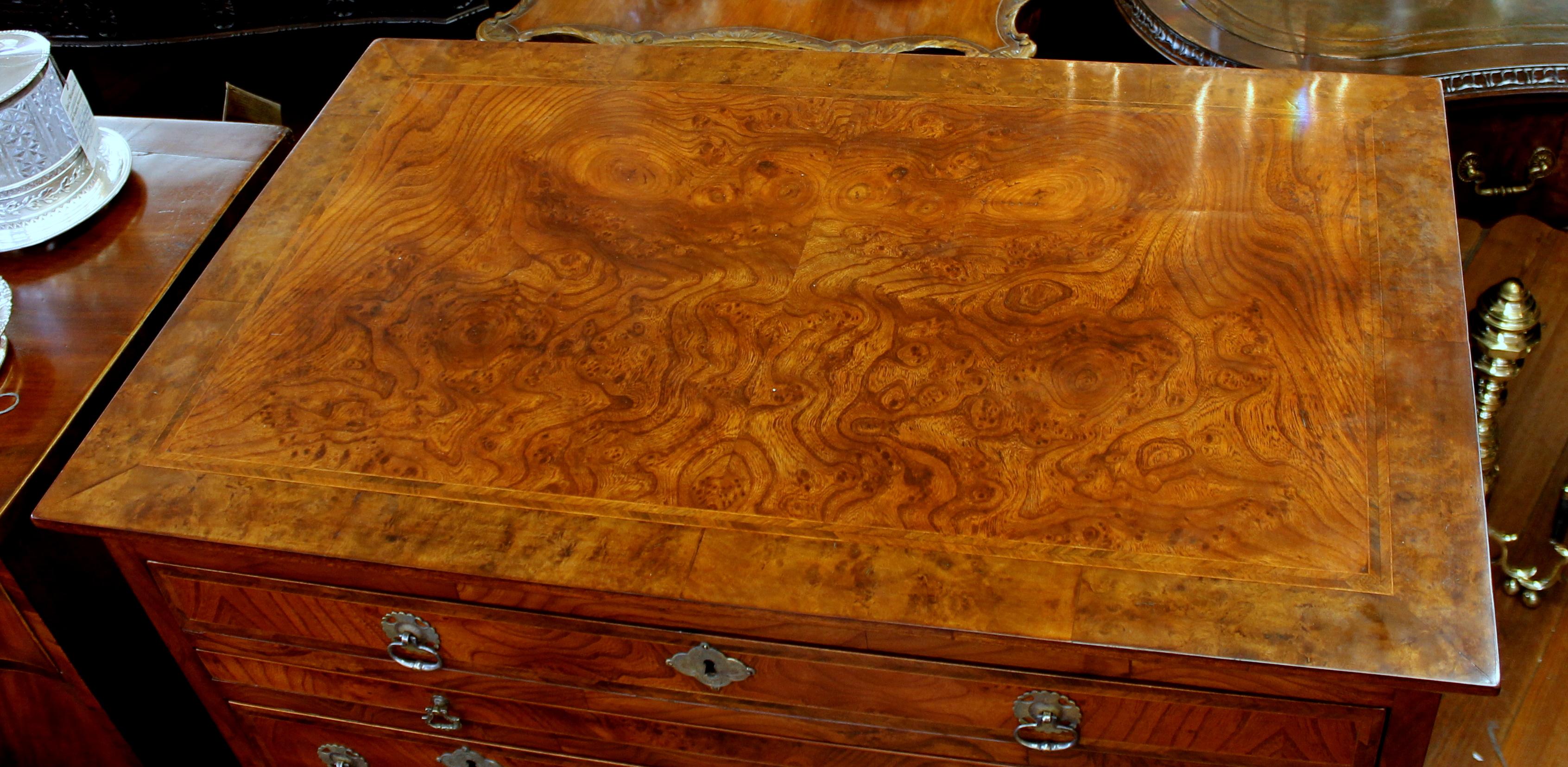 Antique English Inlaid Burr Elm Queen Anne Style Chest with Leathered Slide In Good Condition In Charleston, SC