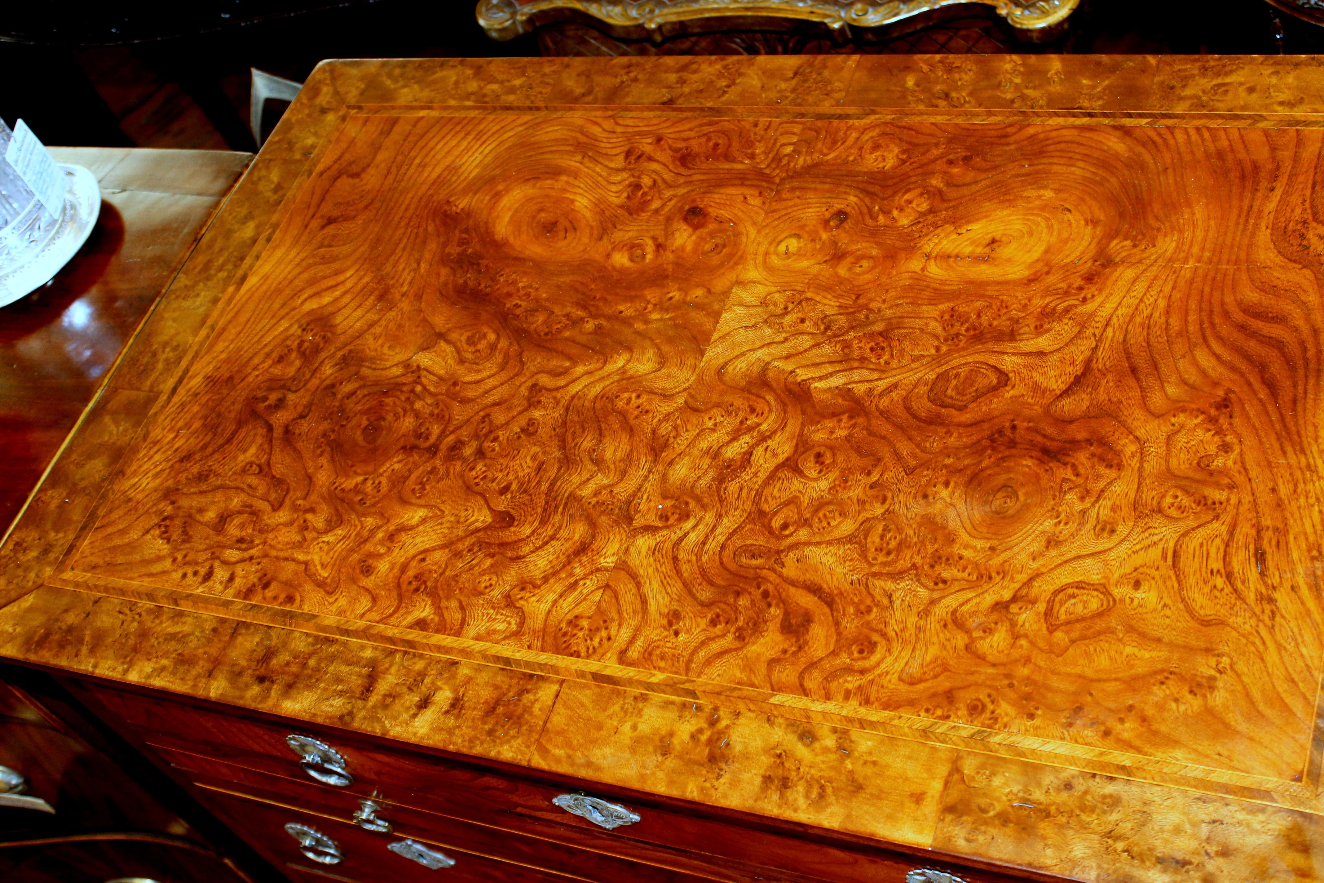 Brass Antique English Inlaid Burr Elm Queen Anne Style Chest with Leathered Slide