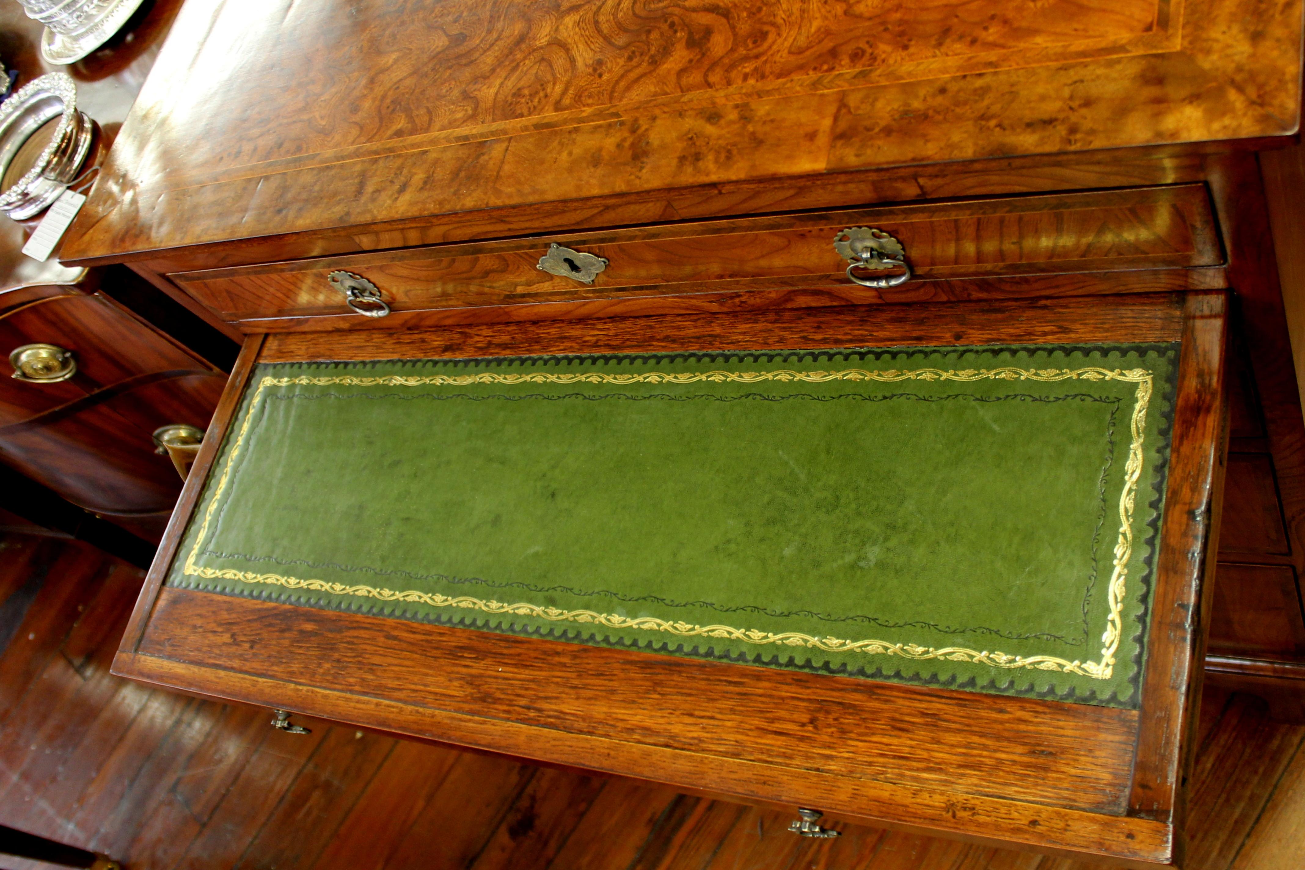 Antique English Inlaid Burr Elm Queen Anne Style Chest with Leathered Slide 4
