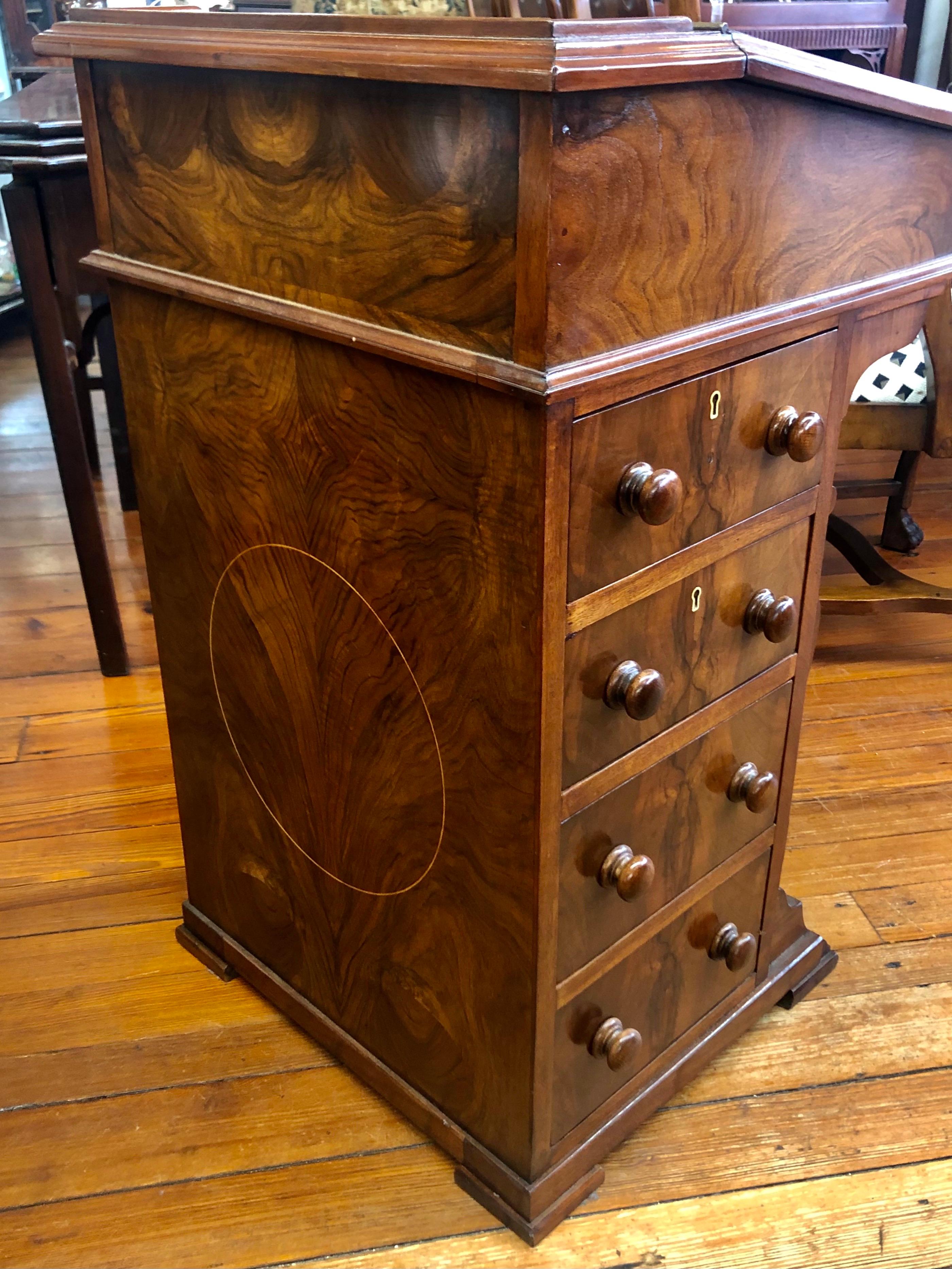 Antique English Inlaid Burr Walnut and Leather Davenport or Ship Captain’s Desk For Sale 4