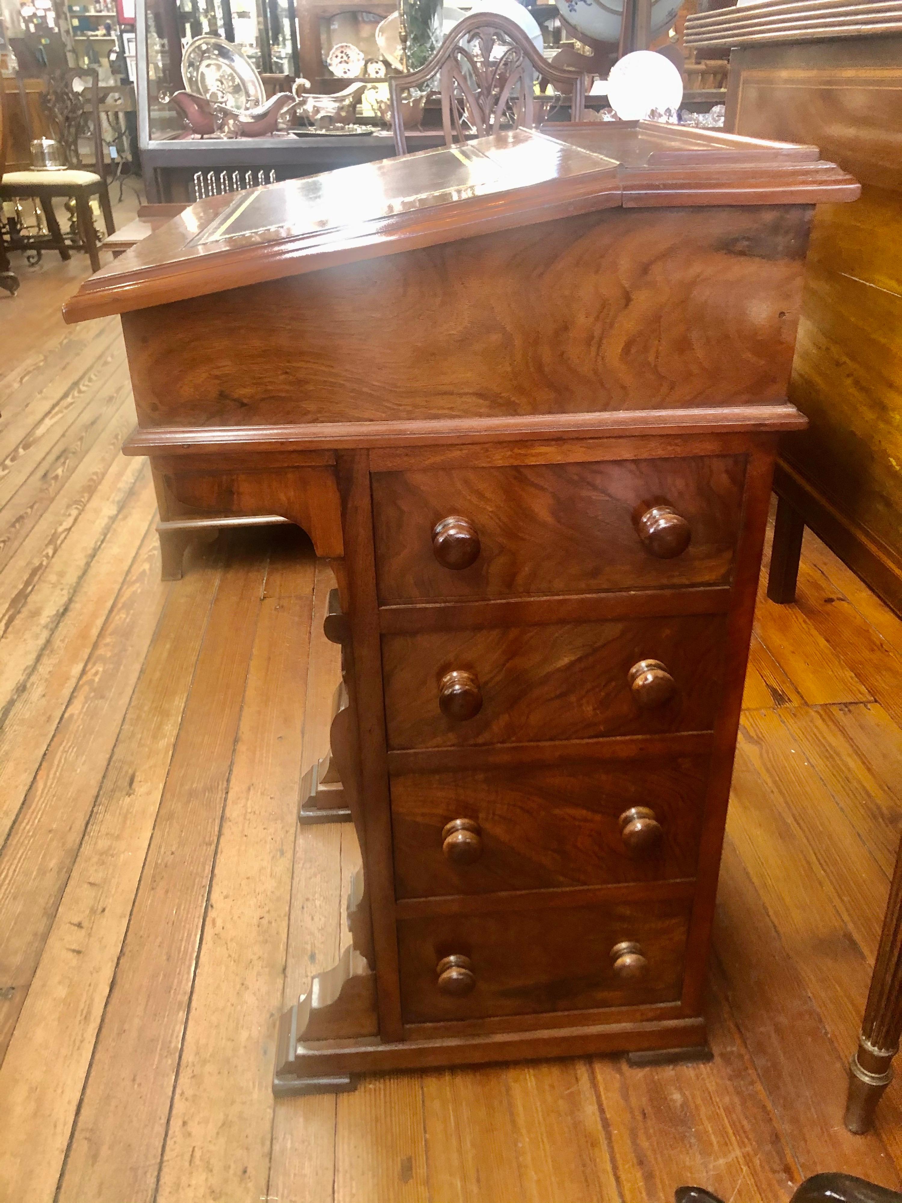 Early Victorian Antique English Inlaid Burr Walnut and Leather Davenport or Ship Captain’s Desk For Sale