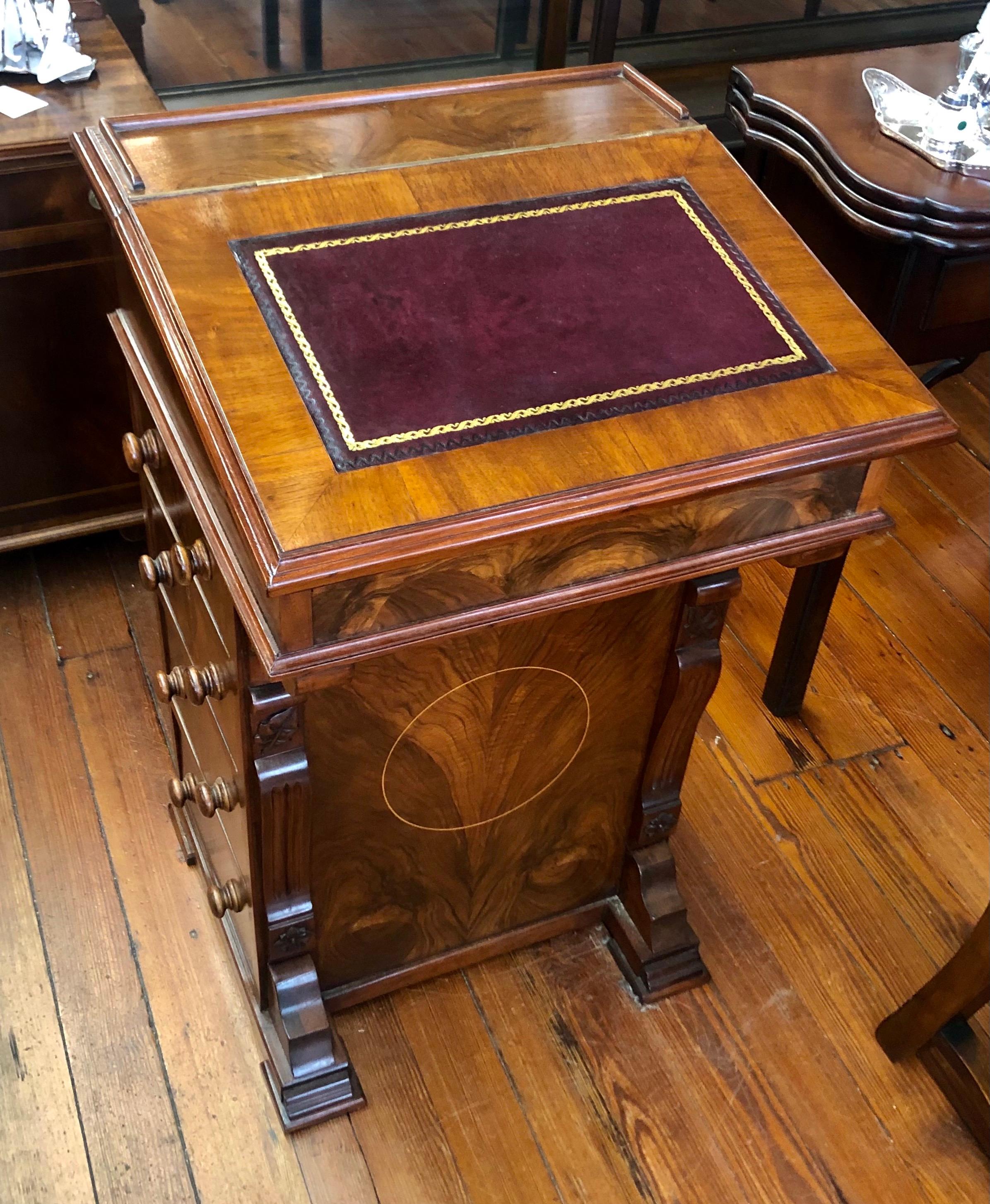 Embossed Antique English Inlaid Burr Walnut and Leather Davenport or Ship Captain’s Desk