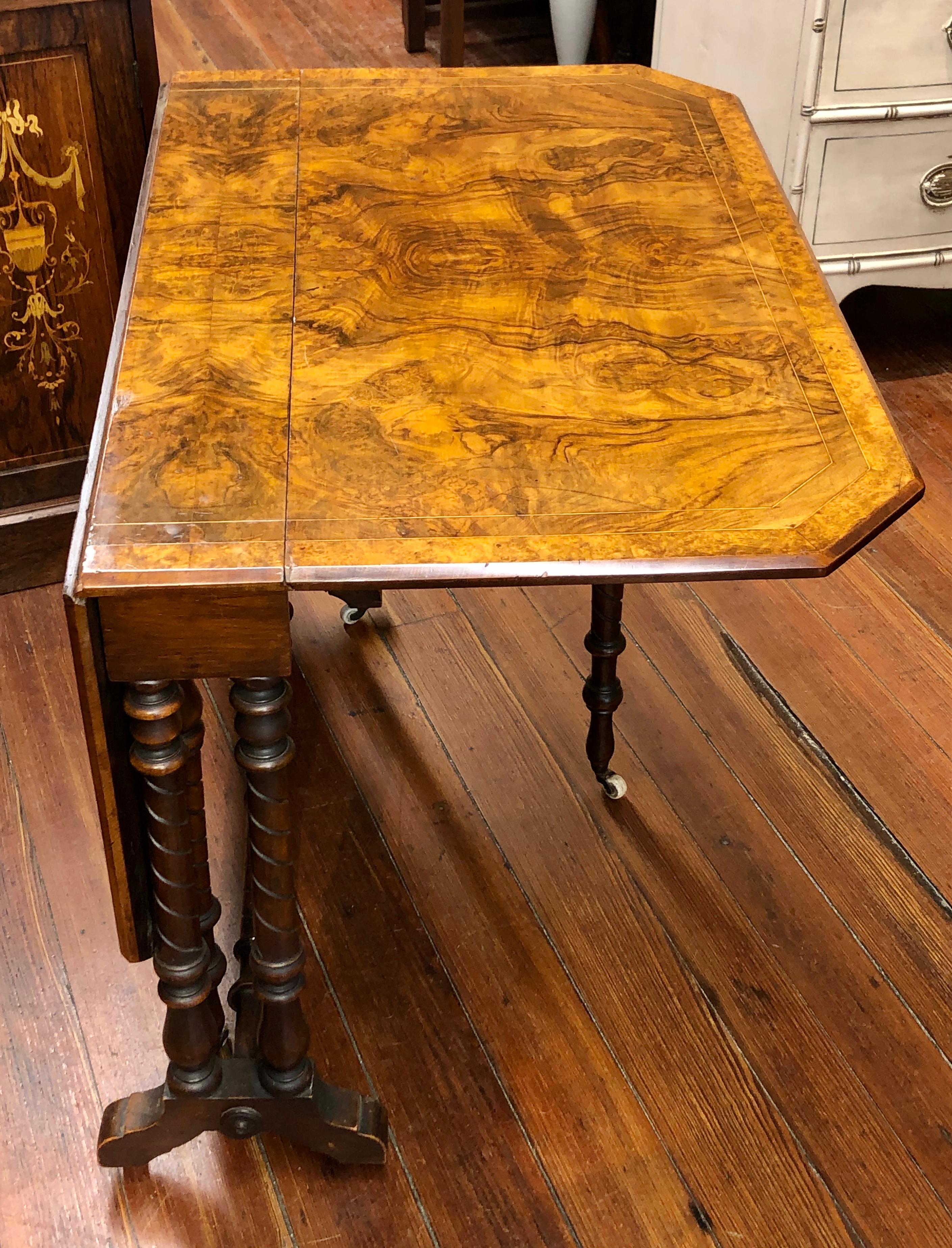 19th Century Antique English Inlaid Burr Walnut Versatile Drop-Leaf Sutherland Table
