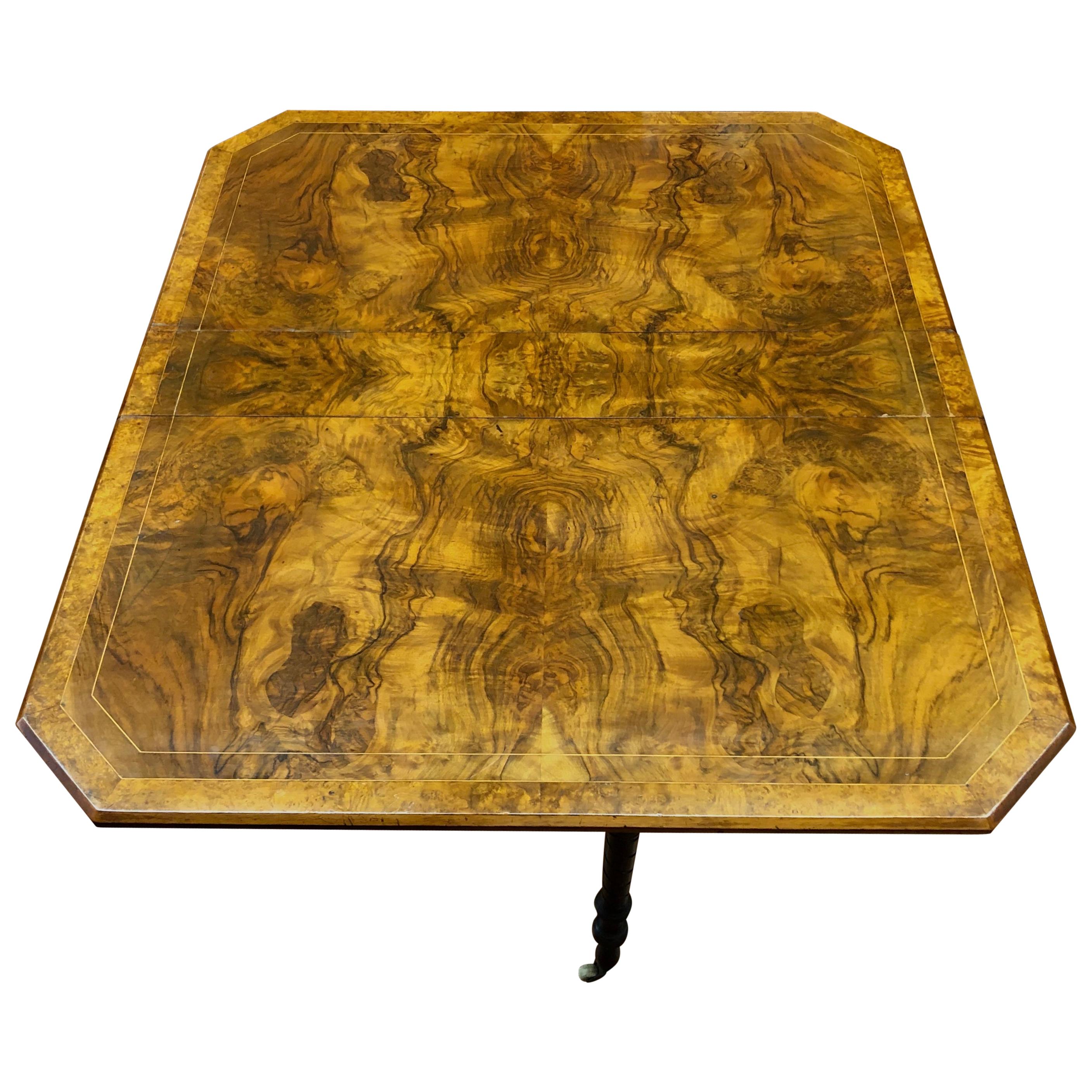 Antique English Inlaid Burr Walnut Versatile Drop-Leaf Sutherland Table
