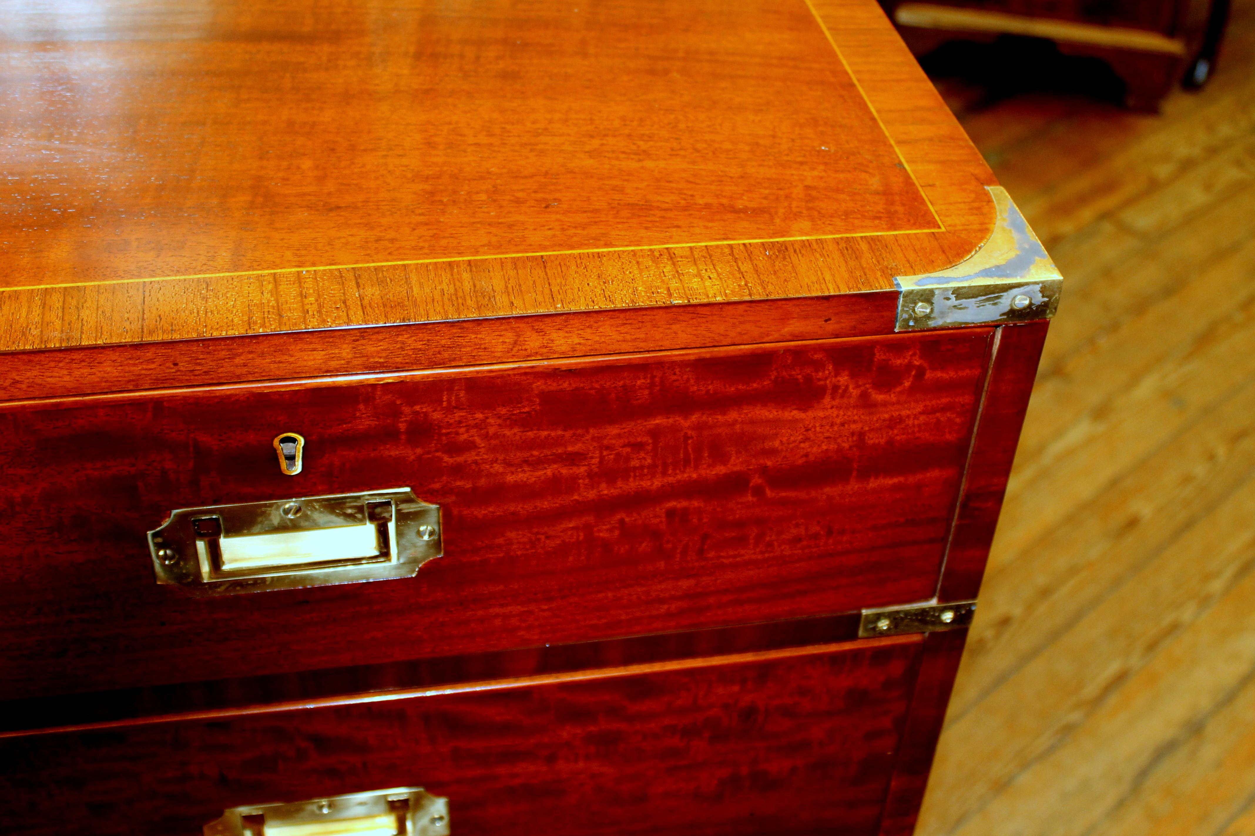 Antique English Inlaid Figured Mahogany Campaign/Military Style Chest of Drawers 6