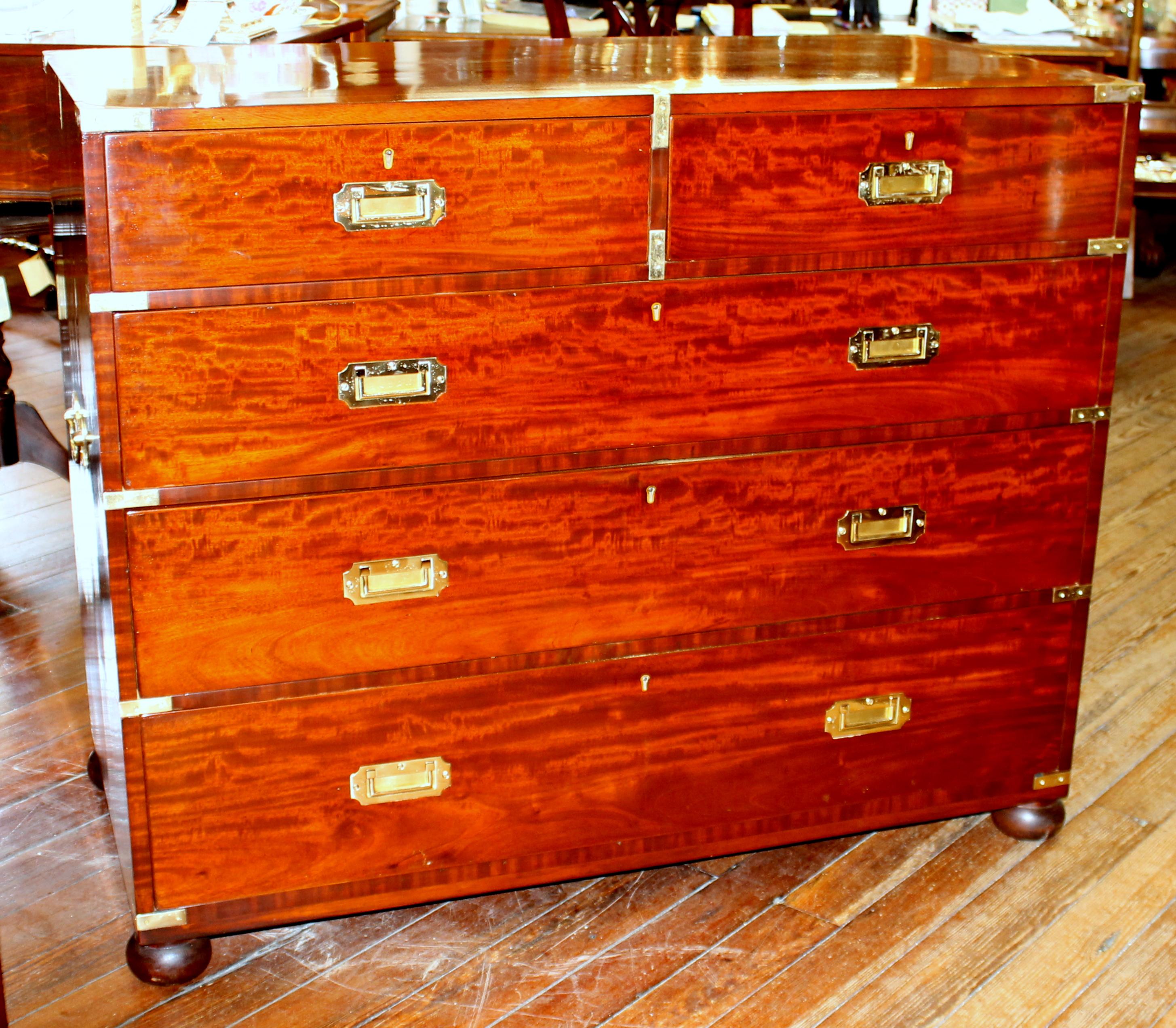 Cross-Banded Antique English Inlaid Figured Mahogany Campaign/Military Style Chest of Drawers