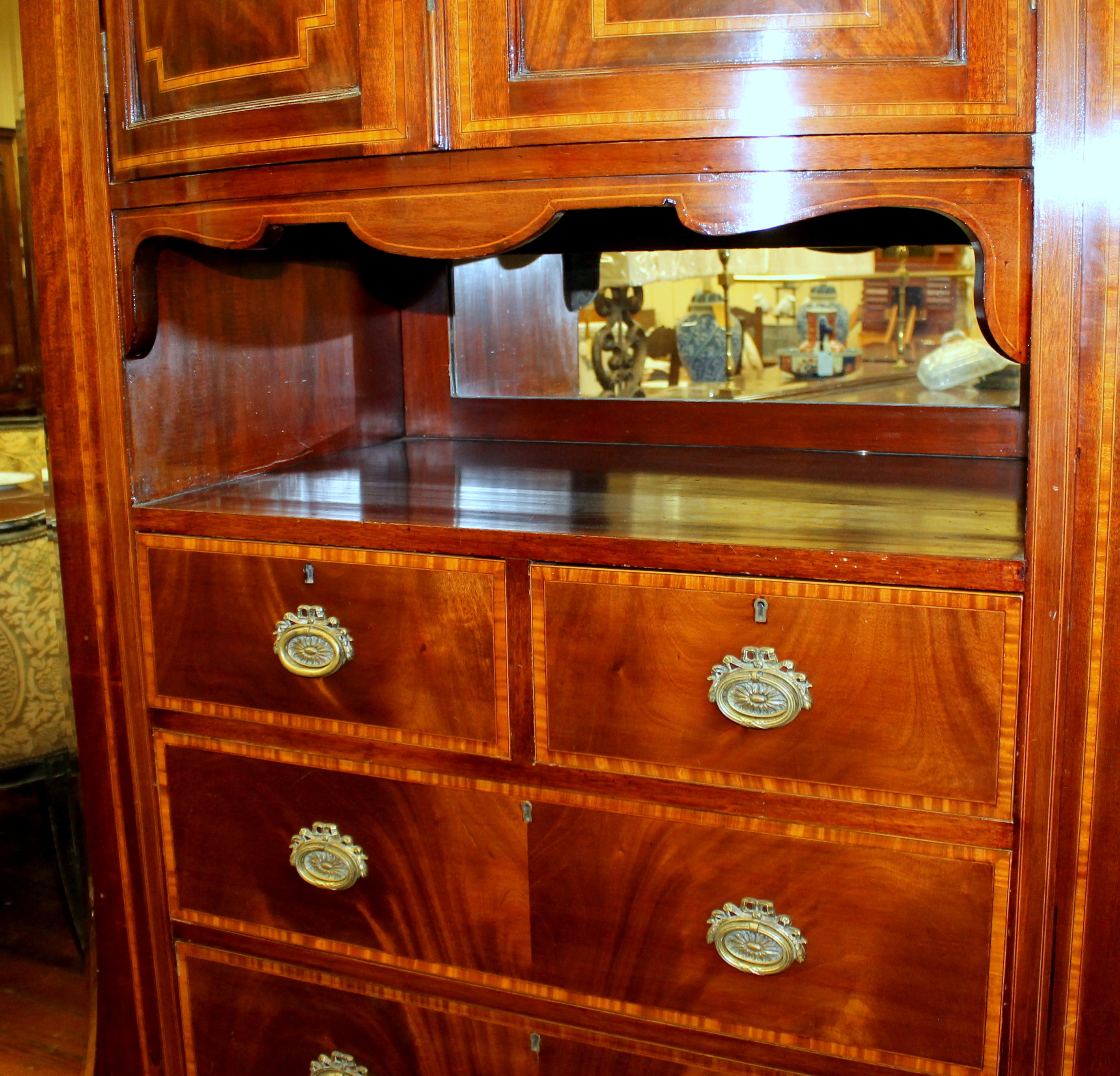 Antique English Inlaid Flame Mahogany Edwardian Period Compactum Wardrobe 1