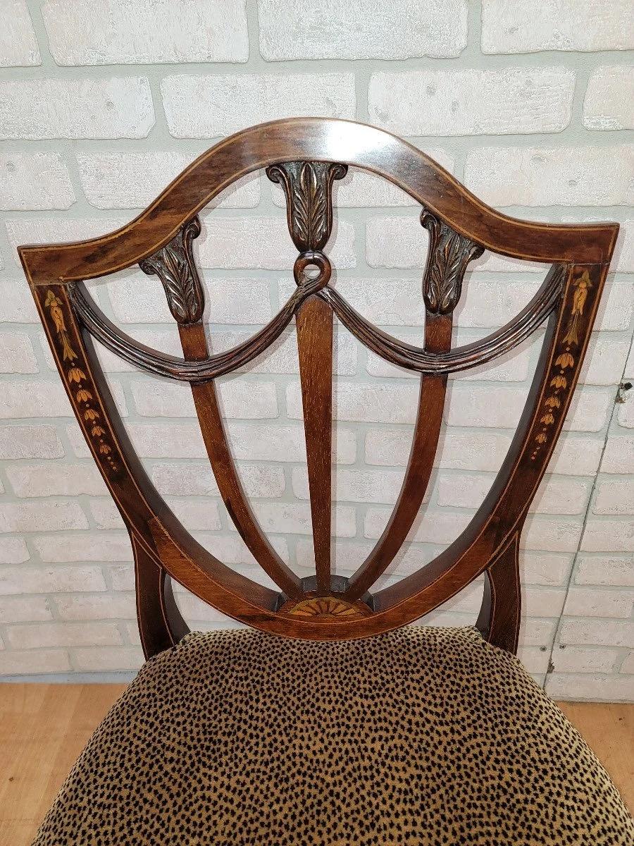 Antique English Inlaid Hepplewhite Style Shield Back Dining Chairs - Set of 6 In Good Condition In Chicago, IL