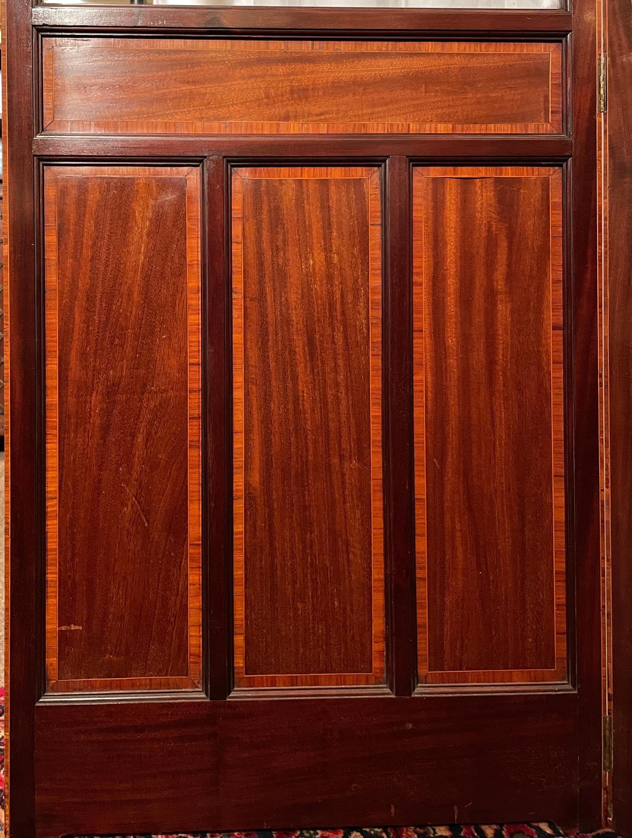 20th Century Antique English Inlaid Mahogany & Beveled Glass 3 Panel Floor Screen, Circa 1900 For Sale