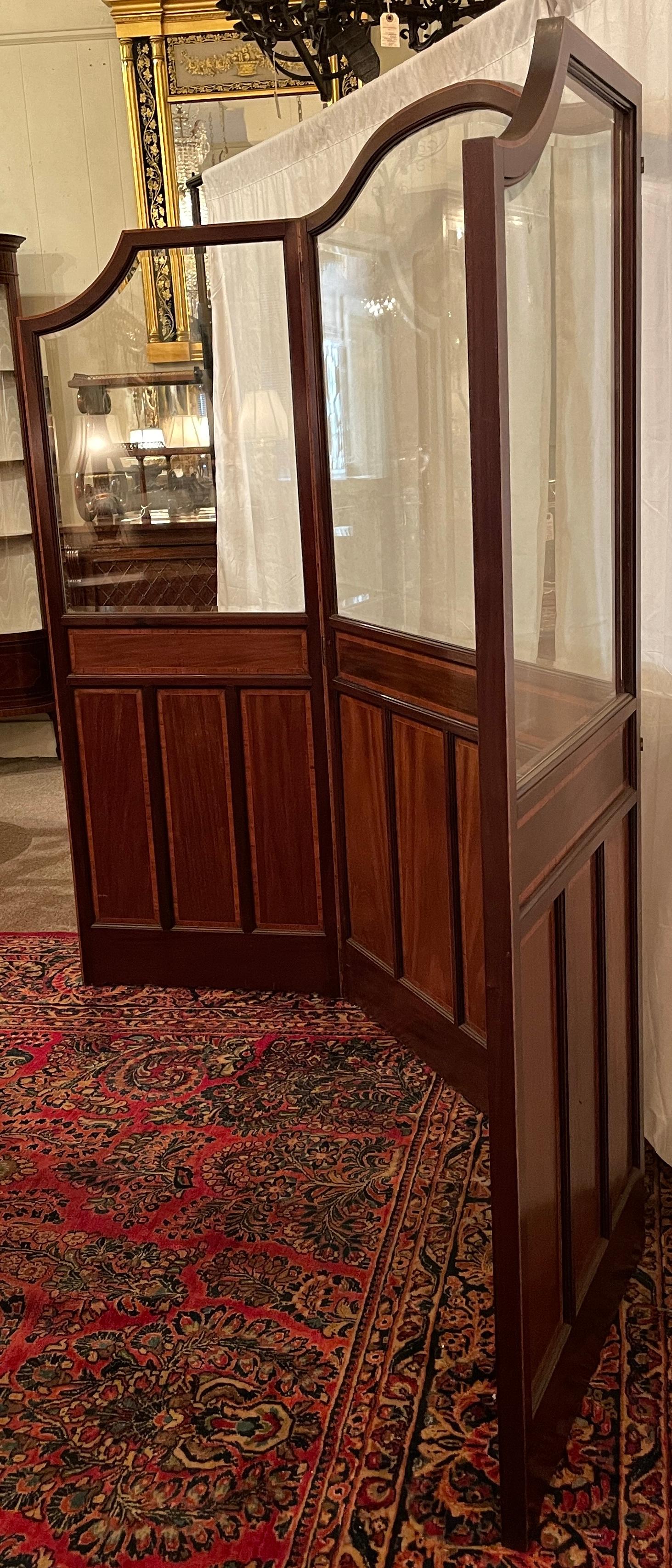Antique English Inlaid Mahogany & Beveled Glass 3 Panel Floor Screen, Circa 1900 For Sale 2