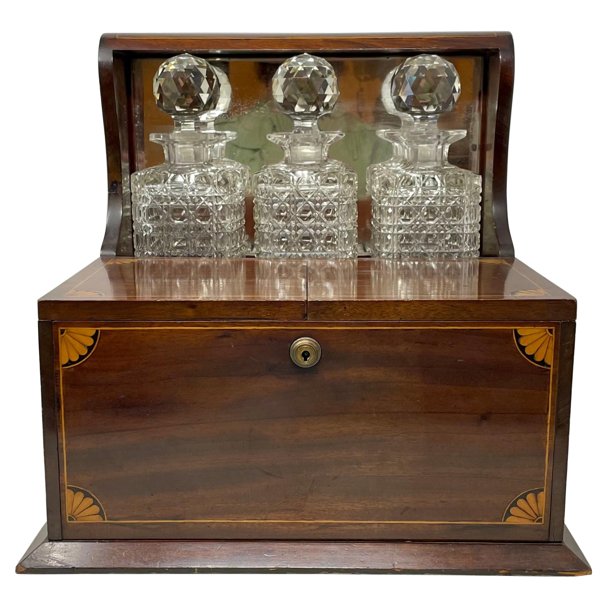Antique English Inlaid Mahogany 
Cut Crystal Games Box Tantalus, Circa 1880.