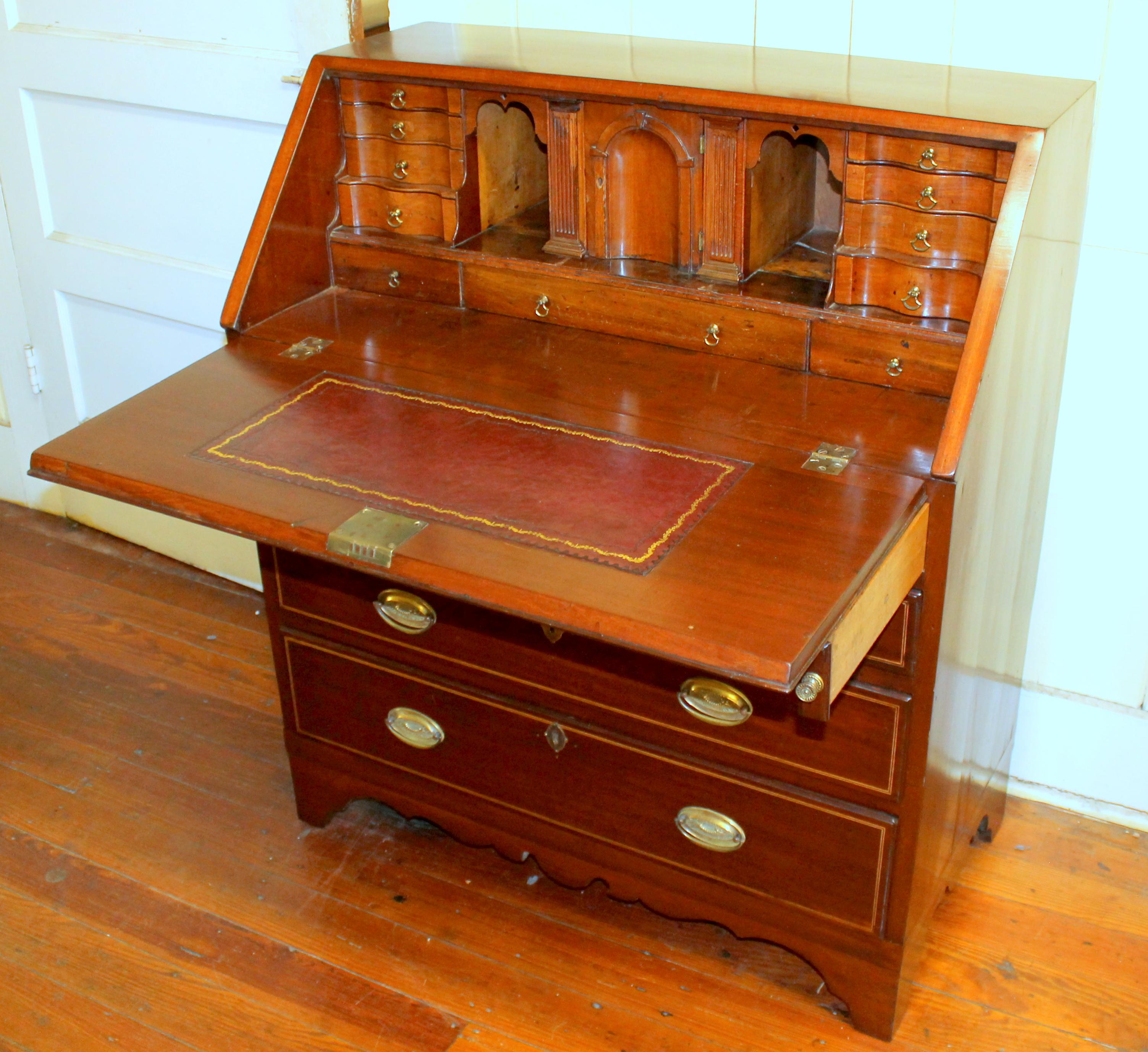 Inlay Antique English Inlaid Mahogany George III Slant-Front Bureau, Superb Interior