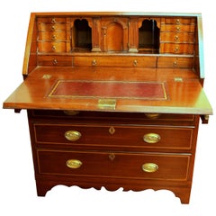 Antique English Inlaid Mahogany George III Slant-Front Bureau, Superb Interior