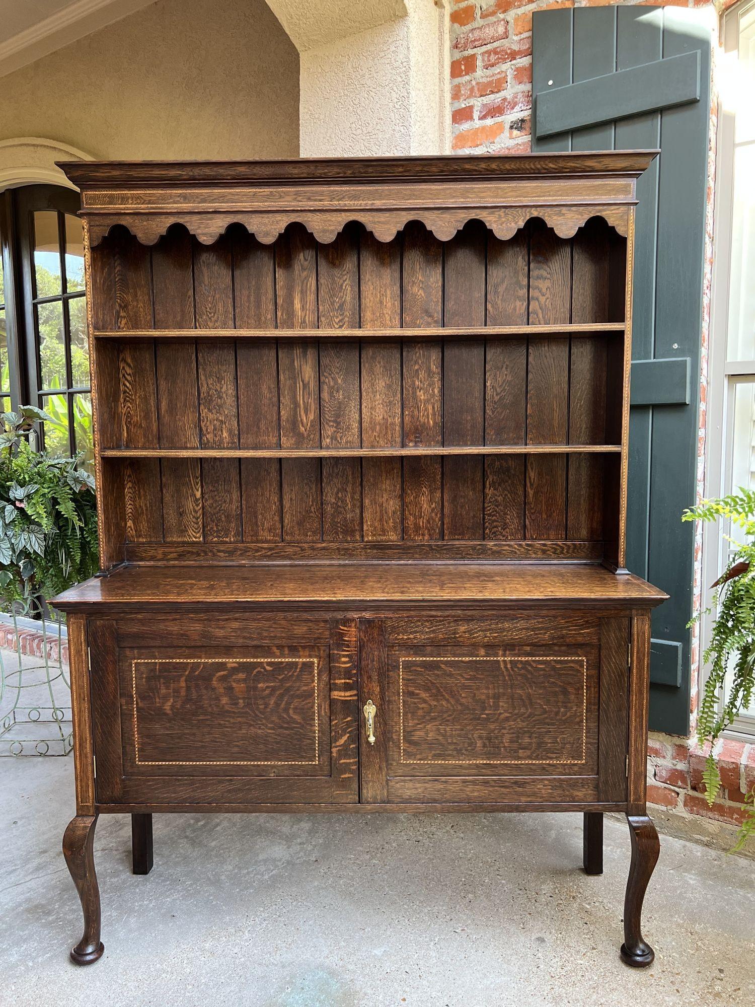 Antique English Inlaid Oak Welsh Dresser Sideboard Buffet Hutch Queen Anne 6