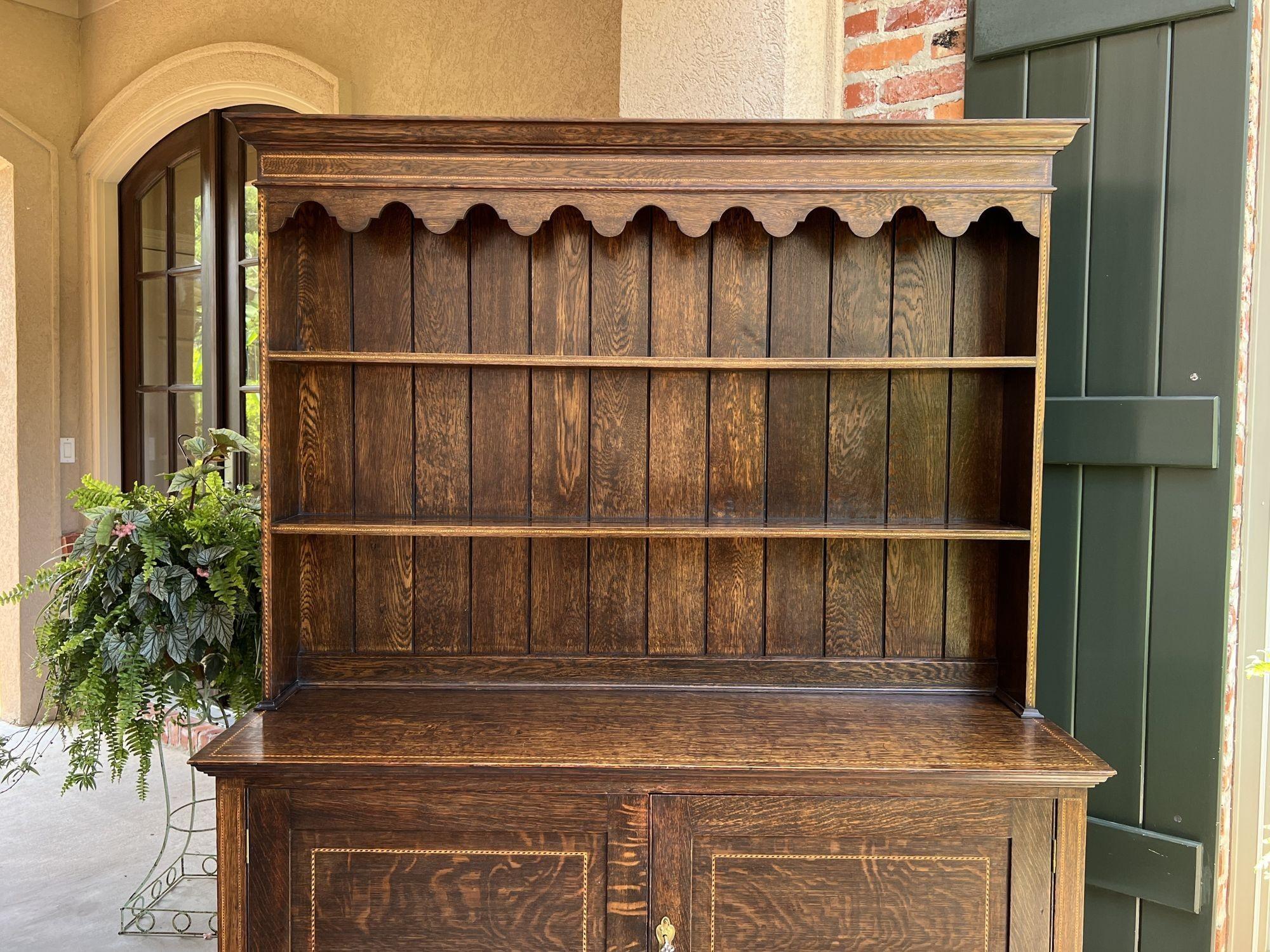 Antique English Inlaid Oak Welsh Dresser Sideboard Buffet Hutch Queen Anne 8
