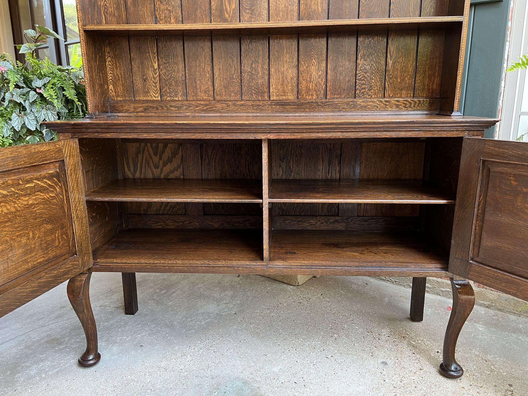 Antique English Inlaid Oak Welsh Dresser Sideboard Buffet Hutch Queen Anne 11