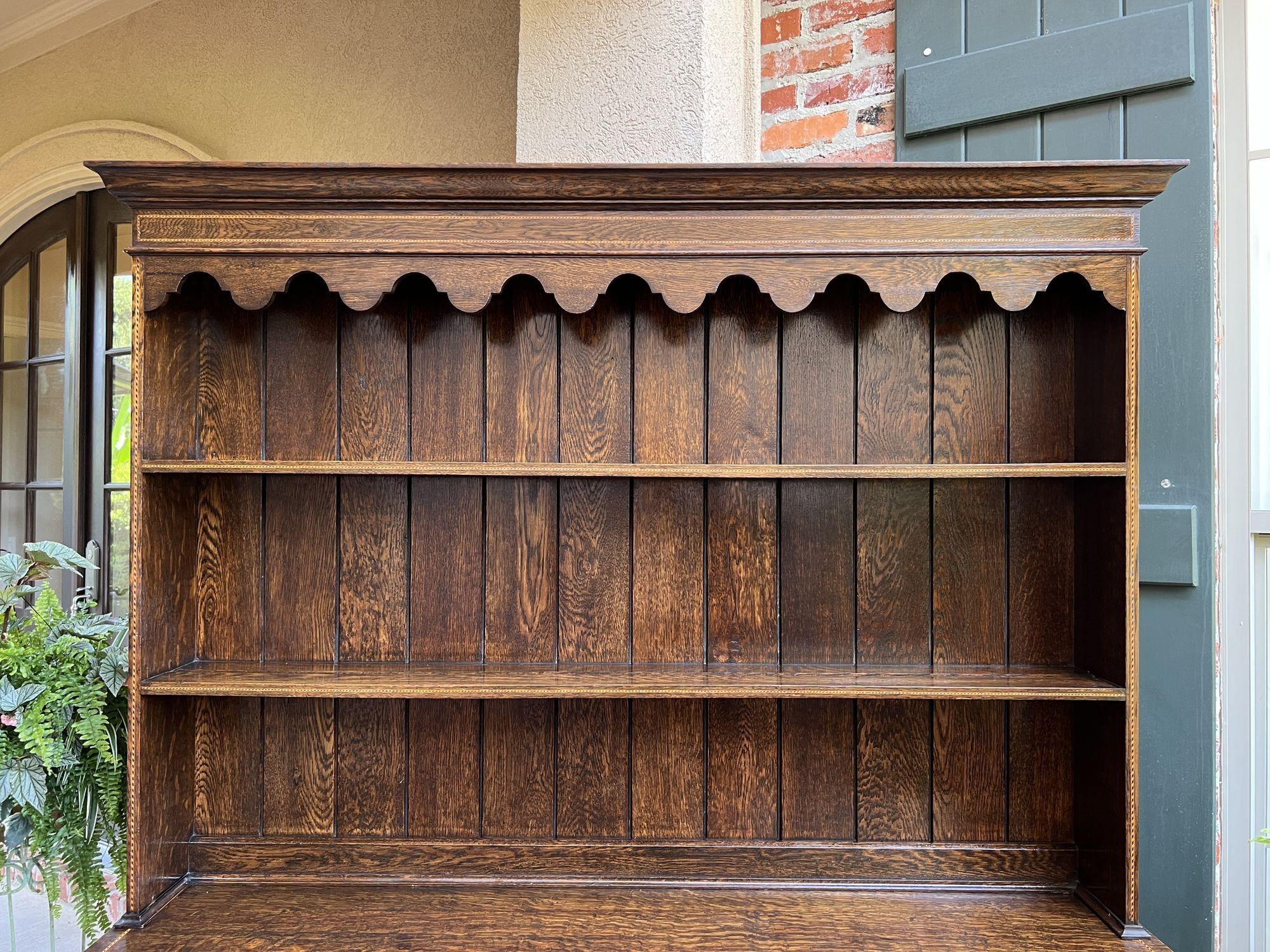 British Antique English Inlaid Oak Welsh Dresser Sideboard Buffet Hutch Queen Anne