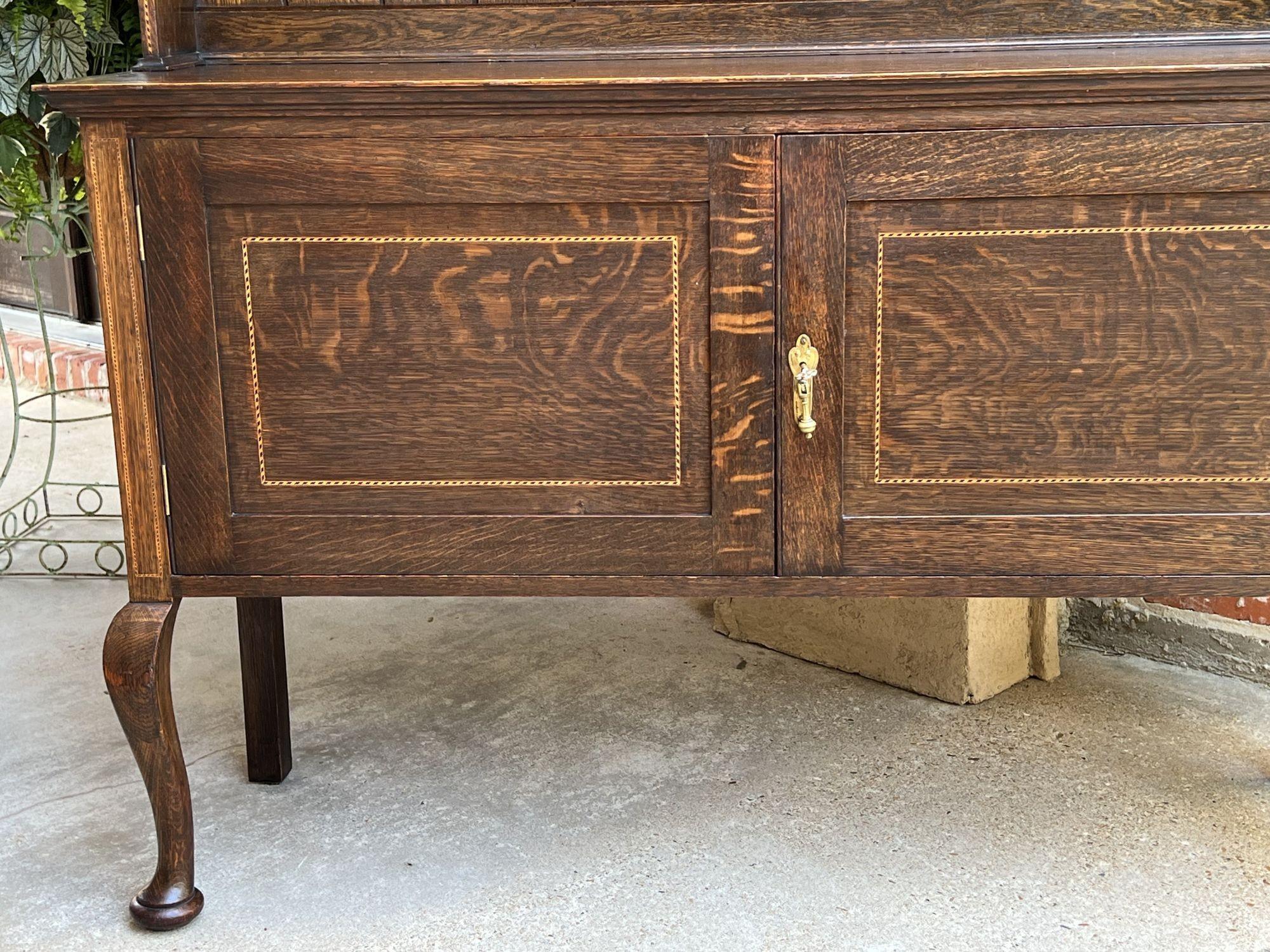 Early 20th Century Antique English Inlaid Oak Welsh Dresser Sideboard Buffet Hutch Queen Anne
