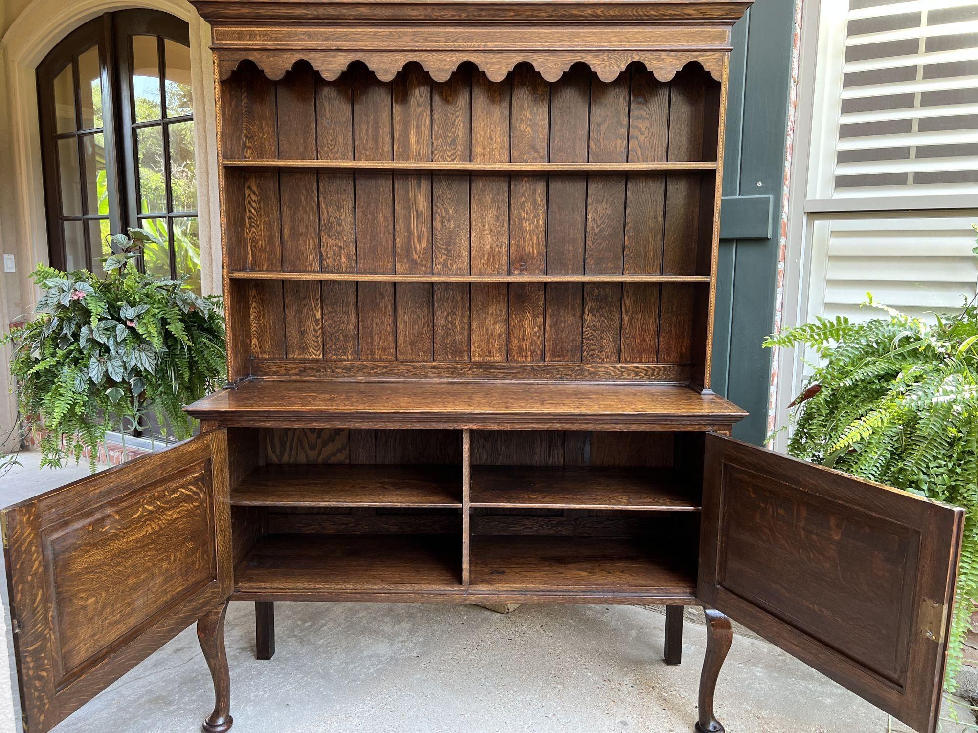 Antique English Inlaid Oak Welsh Dresser Sideboard Buffet Hutch Queen Anne 2