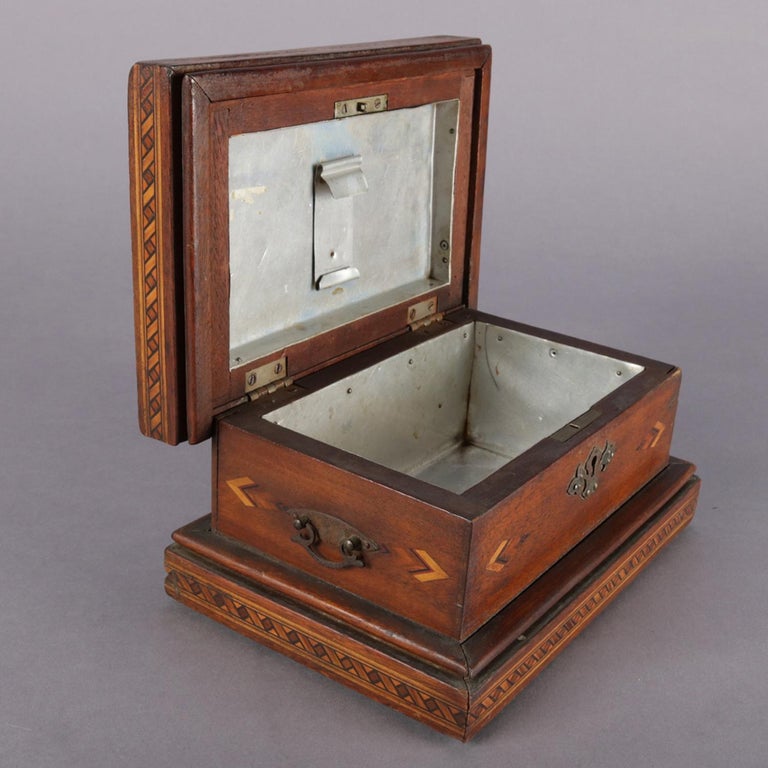 Antique English Inlaid Parquetry Petite Humidor Cigar Box, 19th Century