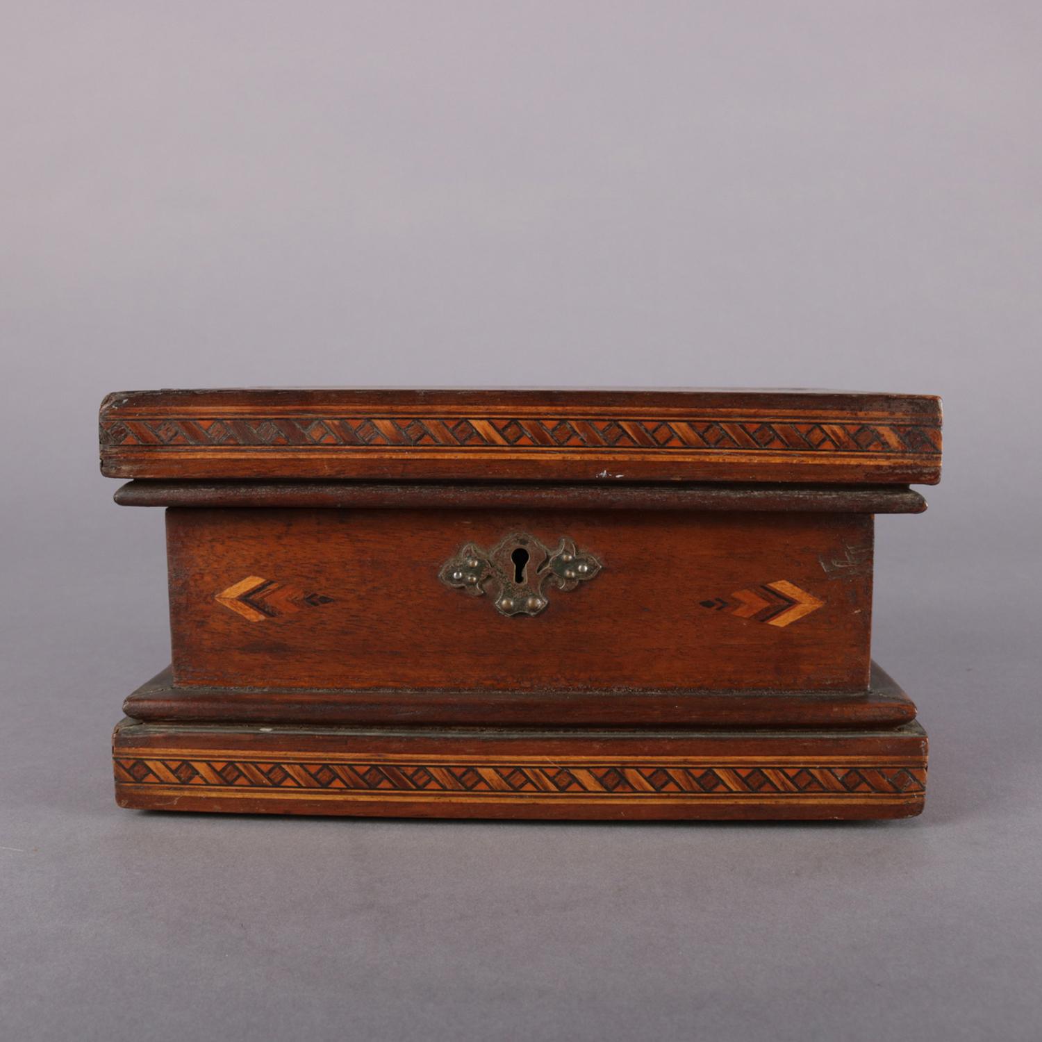 Antique English Inlaid Parquetry Petite Humidor Cigar Box, 19th Century In Good Condition In Big Flats, NY