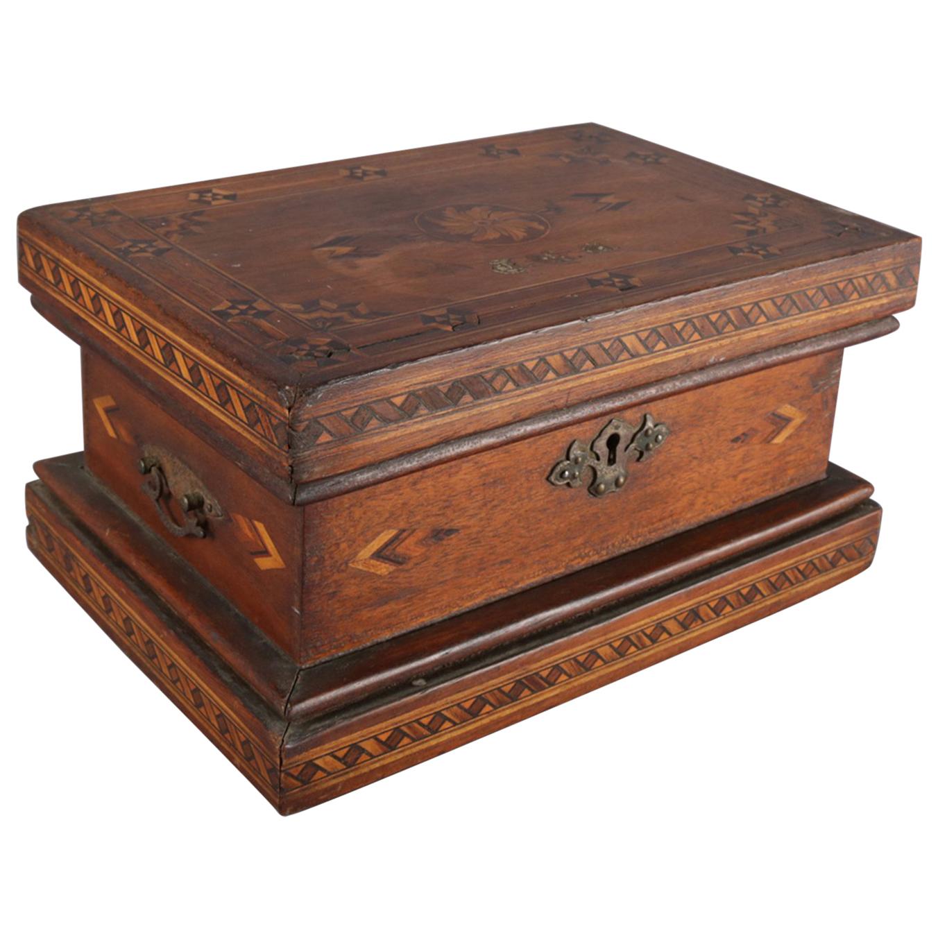 Antique English Inlaid Parquetry Petite Humidor Cigar Box, 19th Century