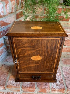 Antique English Inlaid Tiger Oak Pipe Smoke Cabinet Game Box Humidor, circa 1900