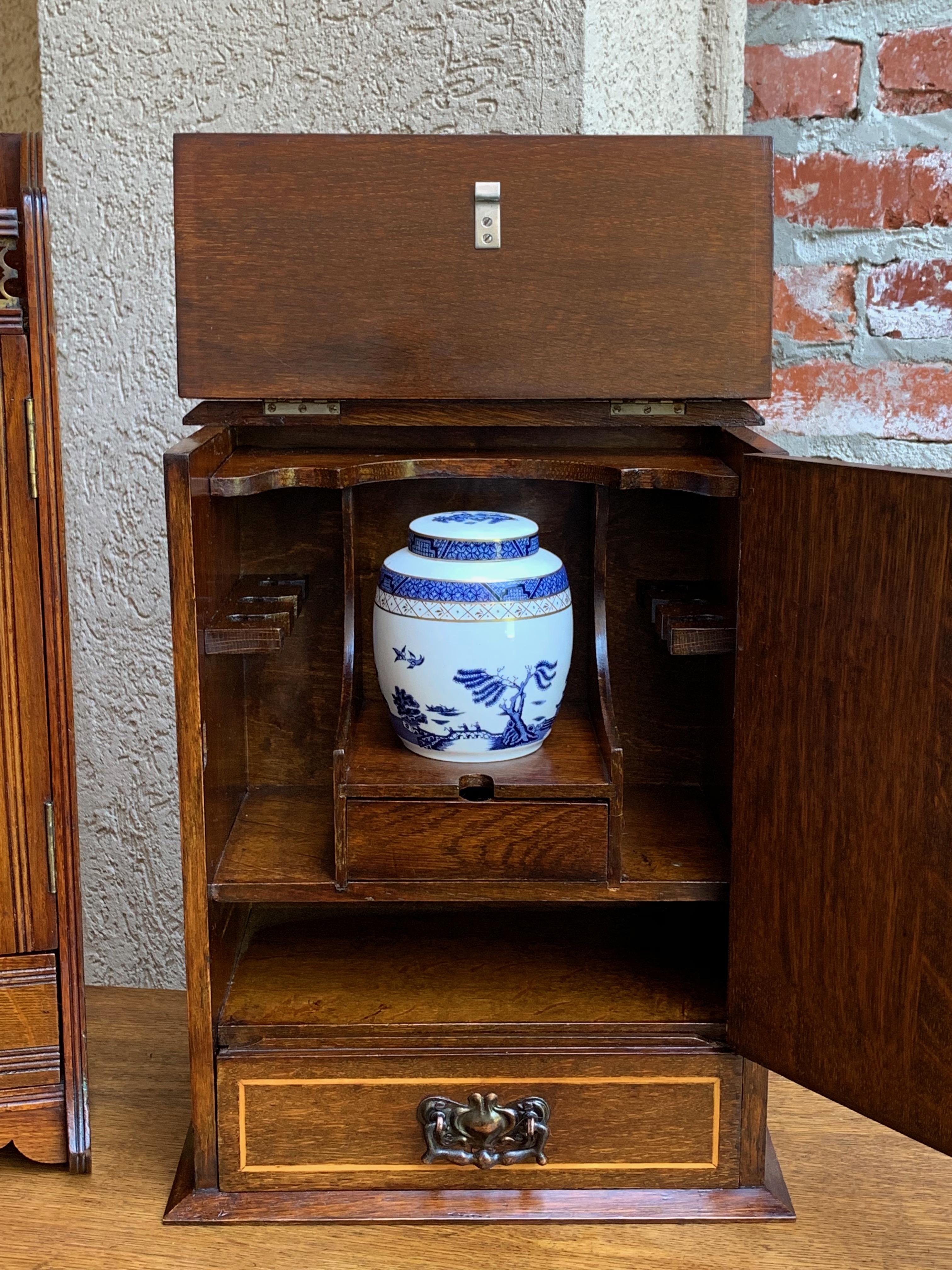 Wood Antique English Inlaid Tiger Oak Pipe Smoke Cabinet Game Box Humidor, circa 1900