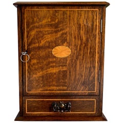 Used English Inlaid Tiger Oak Pipe Smoke Cabinet Game Box Humidor, circa 1900