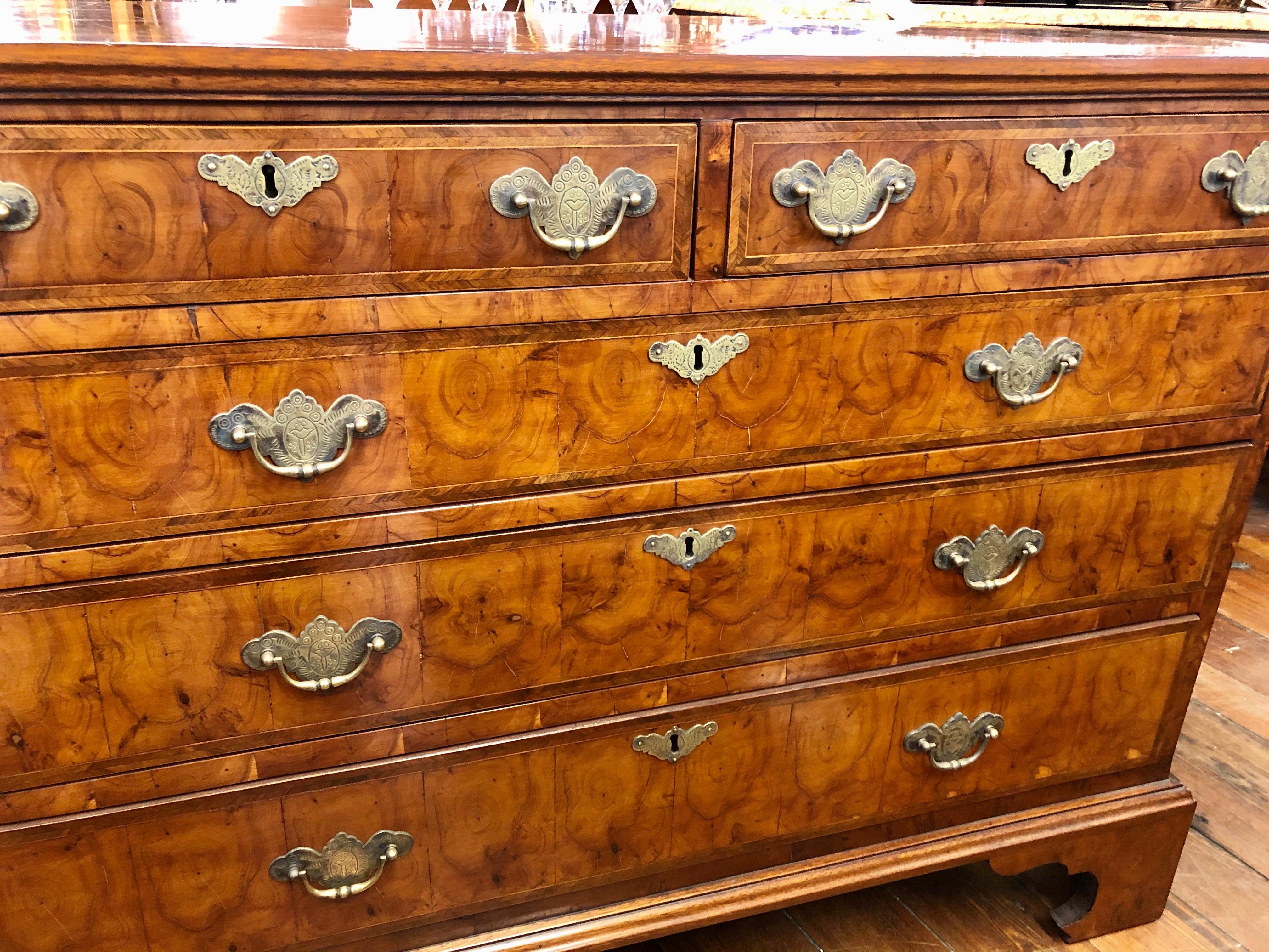 Antique English Inlaid Yewwood Oyster Veneer Chippendale Style Chest of Drawers 4