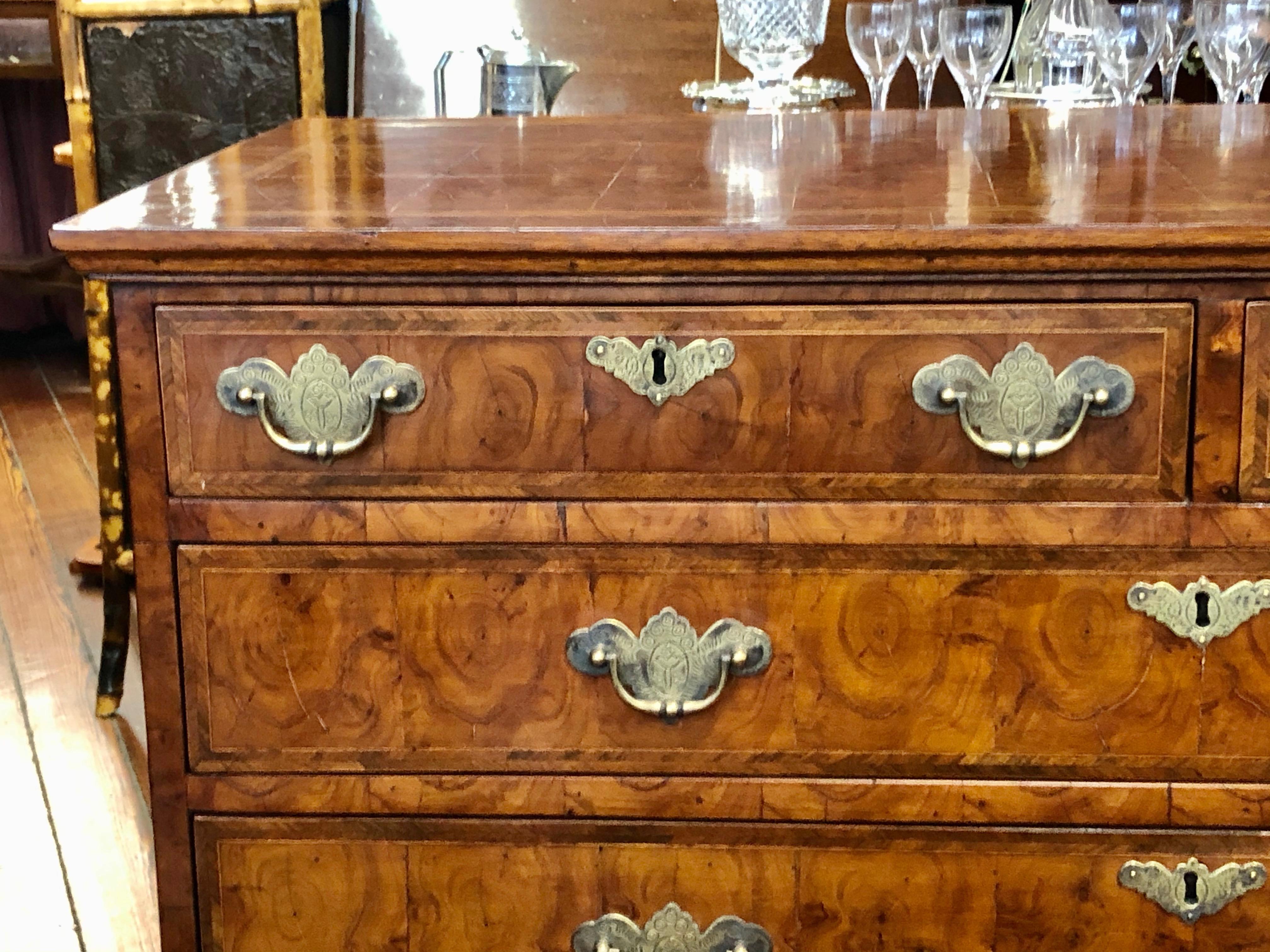 Inlay Antique English Inlaid Yewwood Oyster Veneer Chippendale Style Chest of Drawers