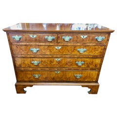 Antique English Inlaid Yewwood Oyster Veneer Chippendale Style Chest of Drawers