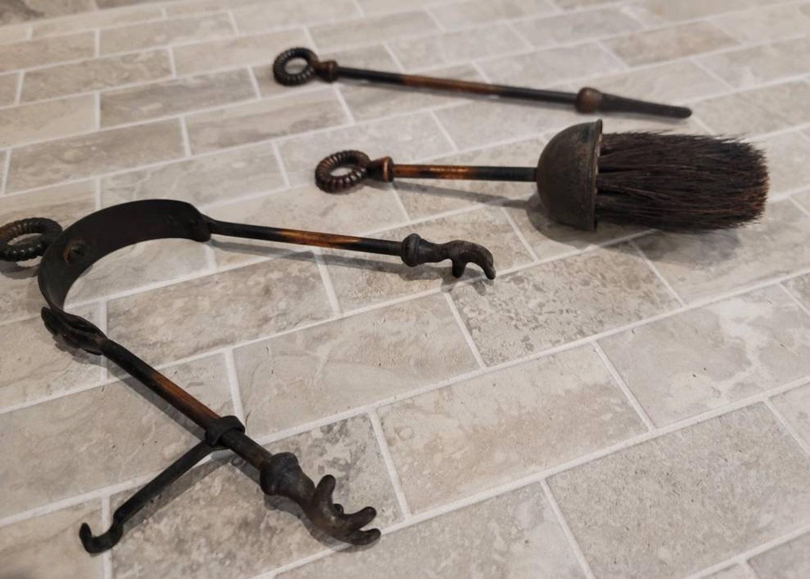 Antique English Iridescent Cast Iron Knight Fireplace Tool Set 1