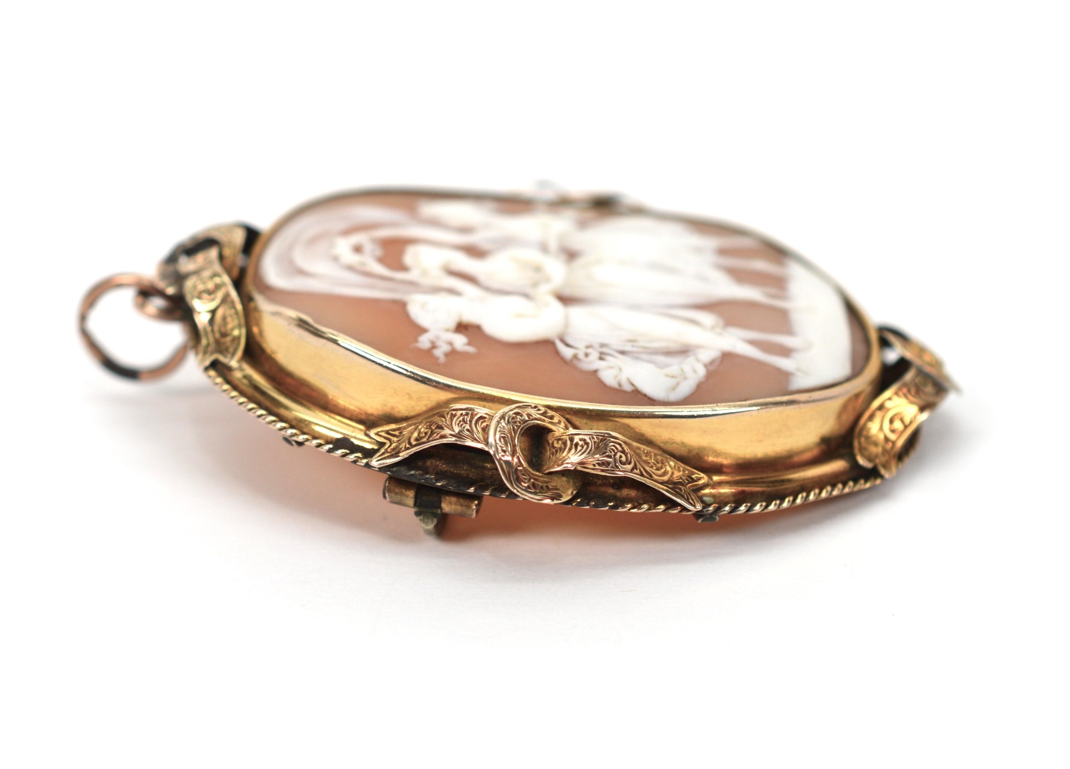 Women's Antique English Irish Victorian Three Graces Shell Cameo Pendant w Gold For Sale