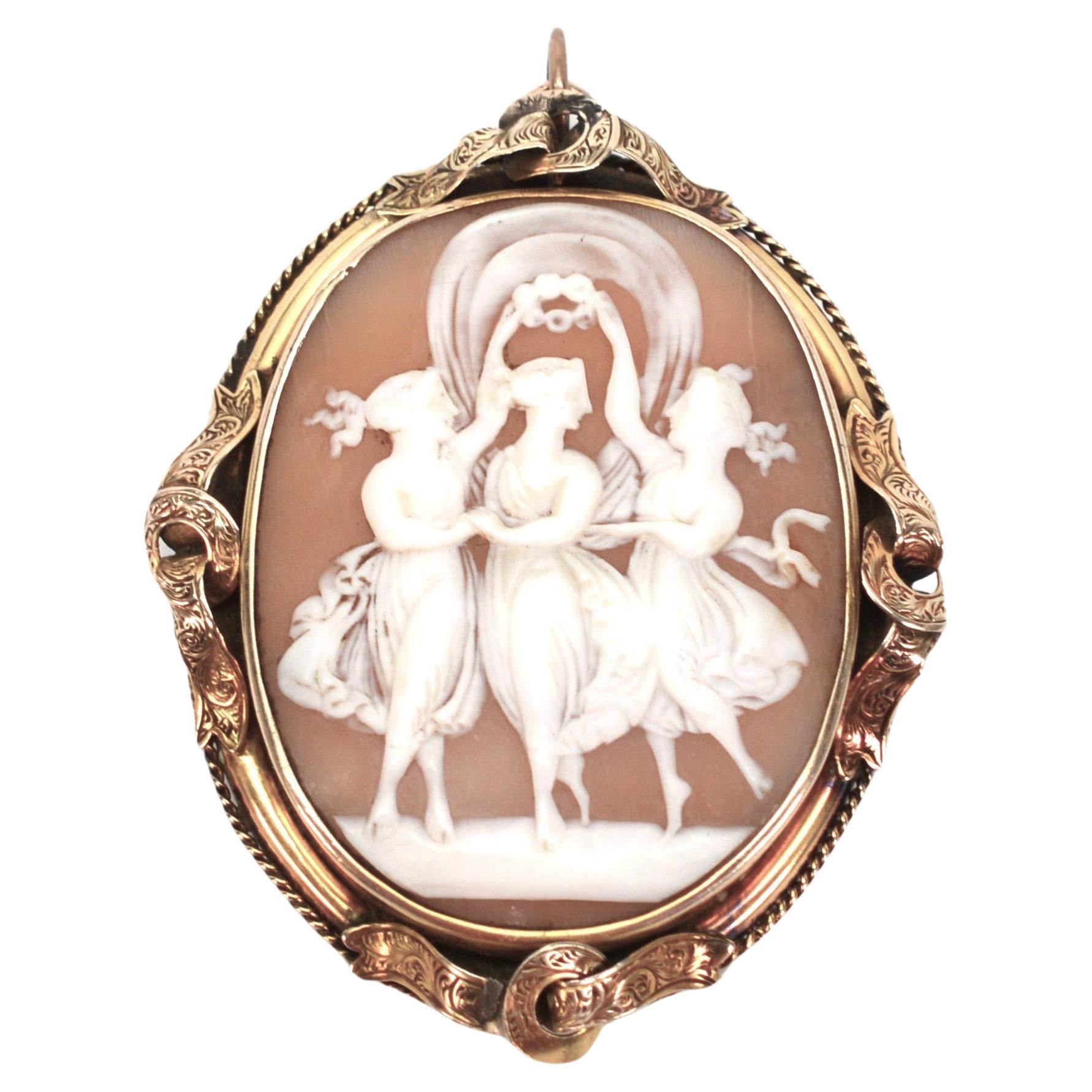 Antique English Irish Victorian Three Graces Shell Cameo Pendant w Gold For Sale