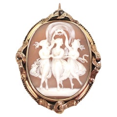 Antique English Irish Victorian Three Graces Shell Cameo Pendant w Gold