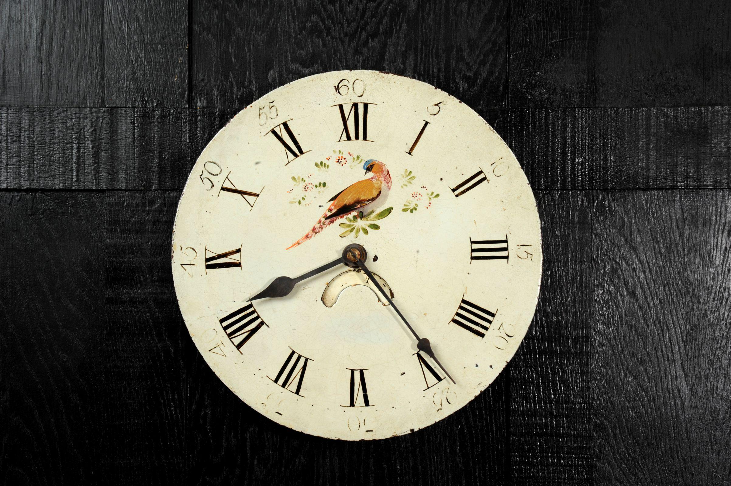 A lovely antique iron clock dial circa 1820 in its original enamel, charmingly decorated with a bird and flowers. With ancient craquelure, marks of a long life and its original handcut blue steel hands, all as found by our buyer in a country house.
