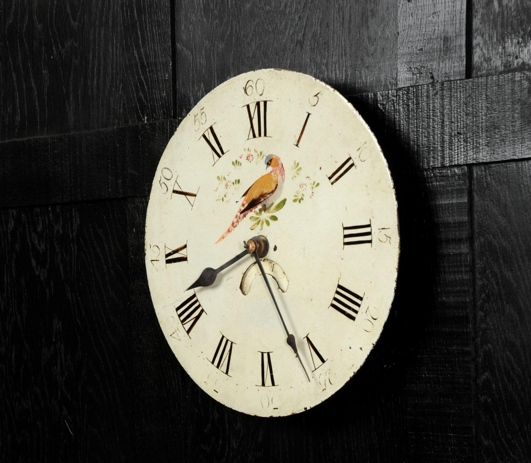 Painted Antique English Iron Clock Dial Face, Bird, Fully Working