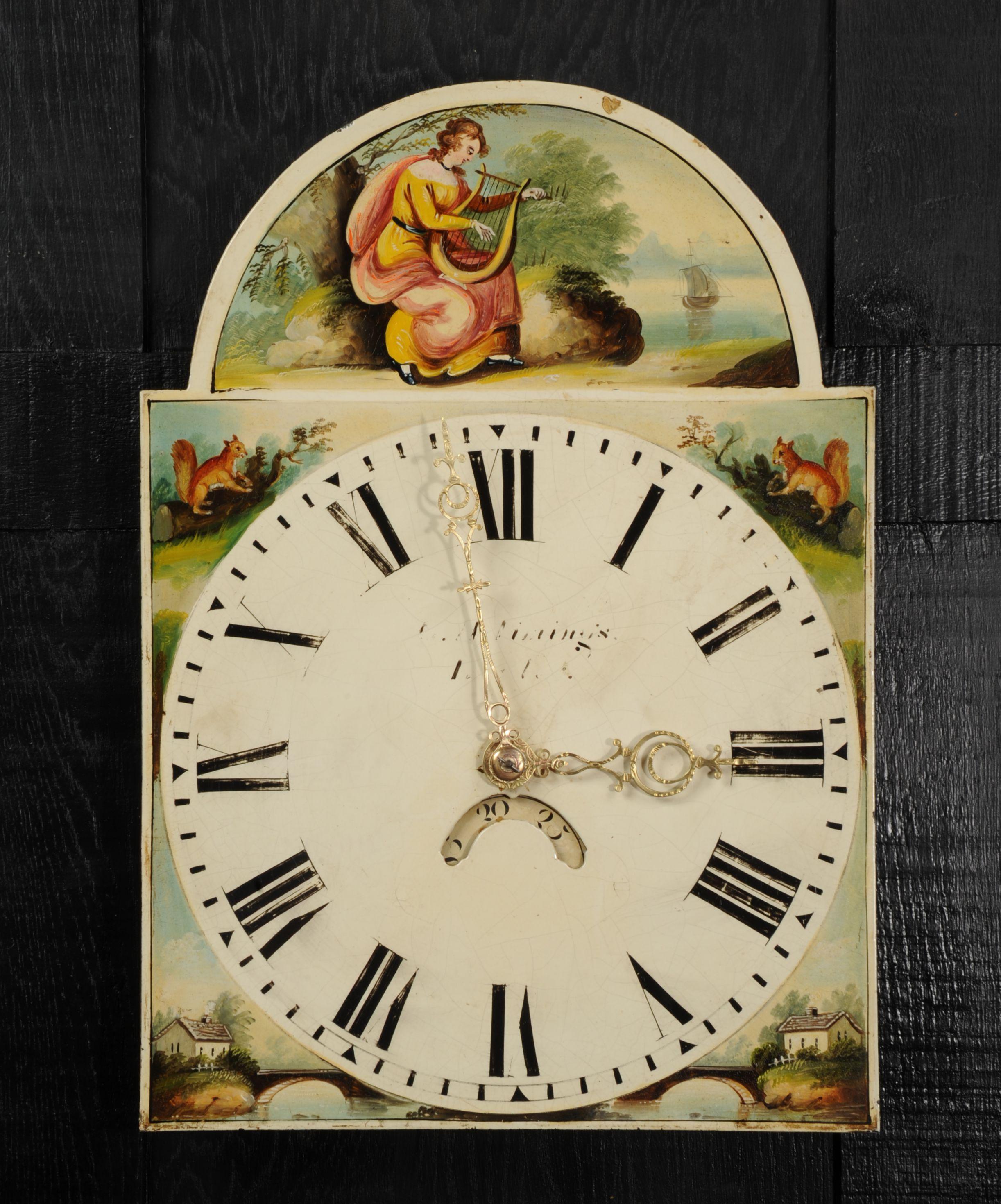 A lovely antique iron clock dial dating from 1840 featuring the beautiful folk tale of a woman singing and playing a lyre for her lovers safe return from sea. Charming squirrels and country scenes decorate the corners. The painting is original with